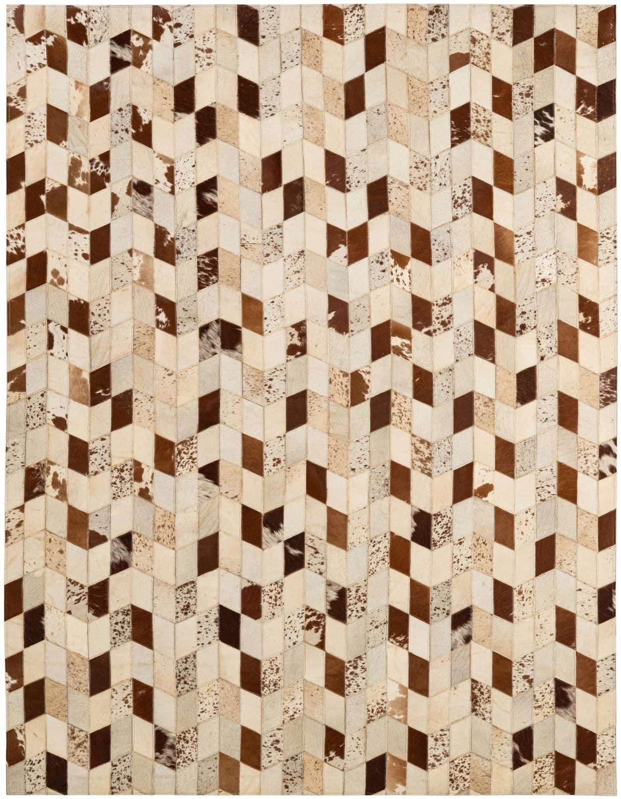 A 5x8 rectangular cowhide rug featuring a modern chevron pattern in shades of ivory, cream, and brown.