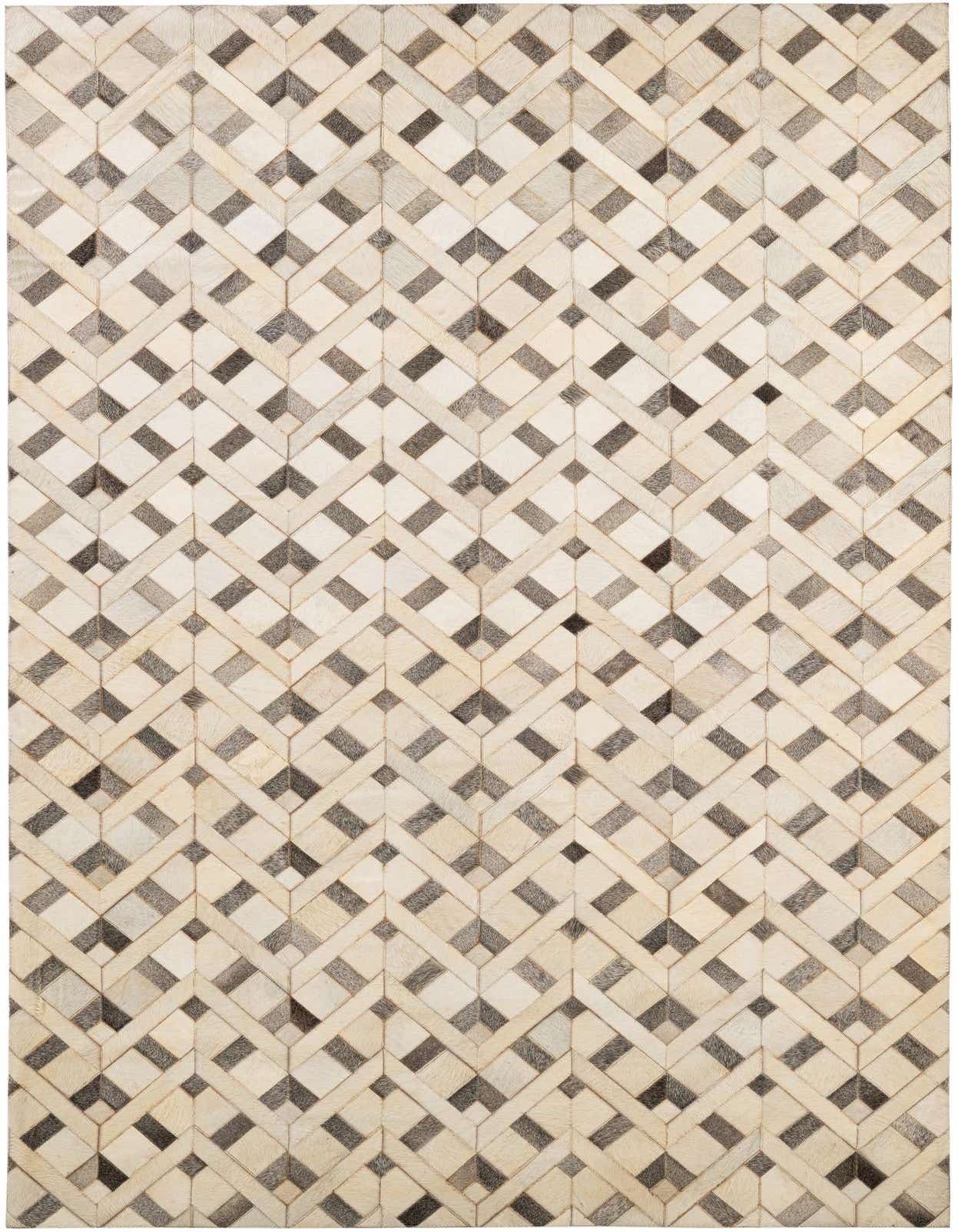 A 5x8 rectangular ivory and cream cowhide rug featuring a modern geometric patchwork pattern with varying shades of light and dark squares.