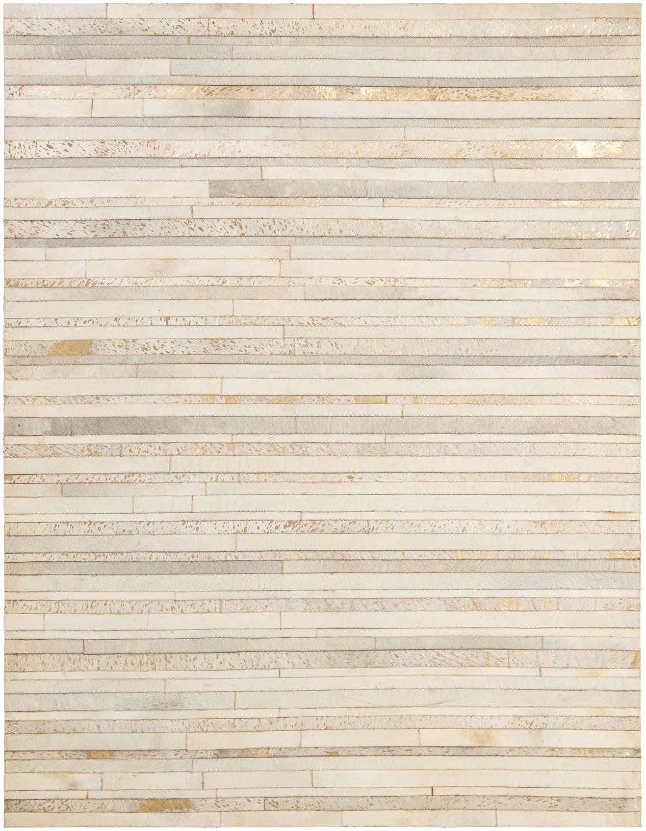 A 5x8 rectangular ivory cowhide rug with a modern stripe pattern, featuring alternating cream and metallic gold leather strips.