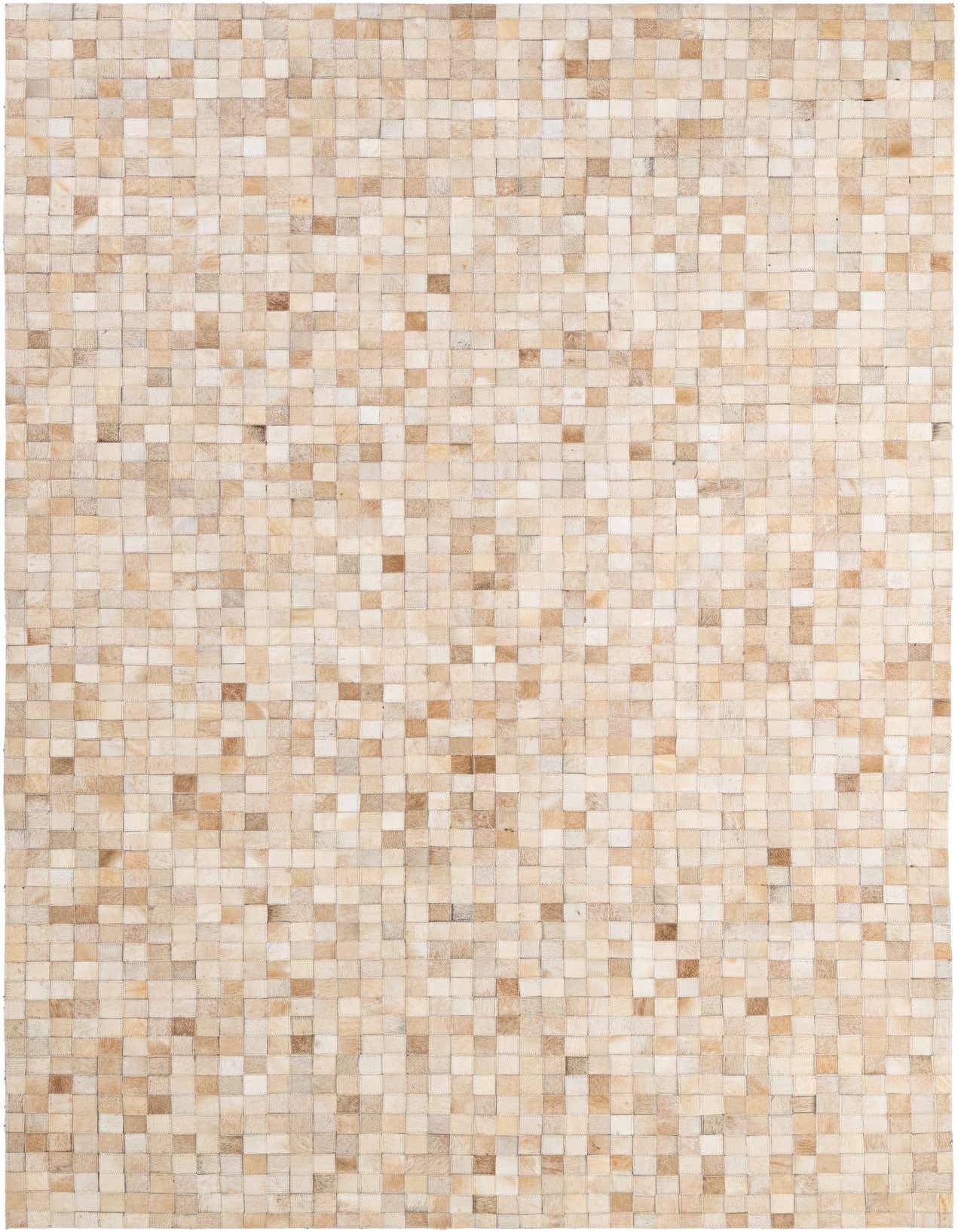 A 5x8 rectangular Cowhide Patchwork rug featuring a modern pattern of ivory and cream squares, ideal for a living room.