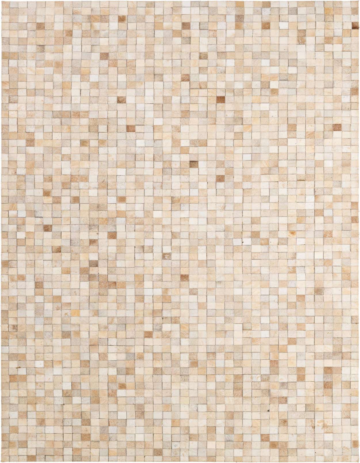 A 5x8 rectangular Cowhide Patchwork rug featuring a modern mosaic of ivory and cream squares, perfect for a living room.