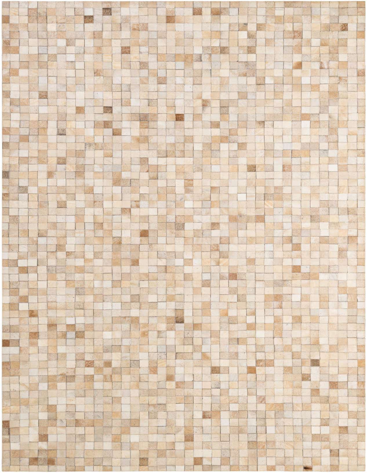 A 5x8 rectangular Cowhide Patchwork rug in varied ivory and cream tones, featuring a modern square tile pattern.