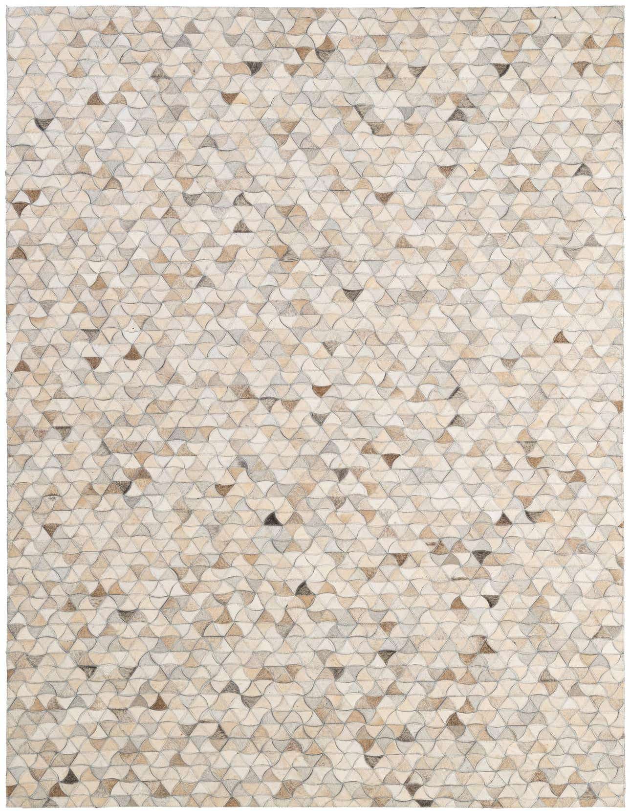 A 5x8 rectangular Cowhide - Patchwork rug featuring a modern geometric pattern in various shades of ivory, cream, and light brown.