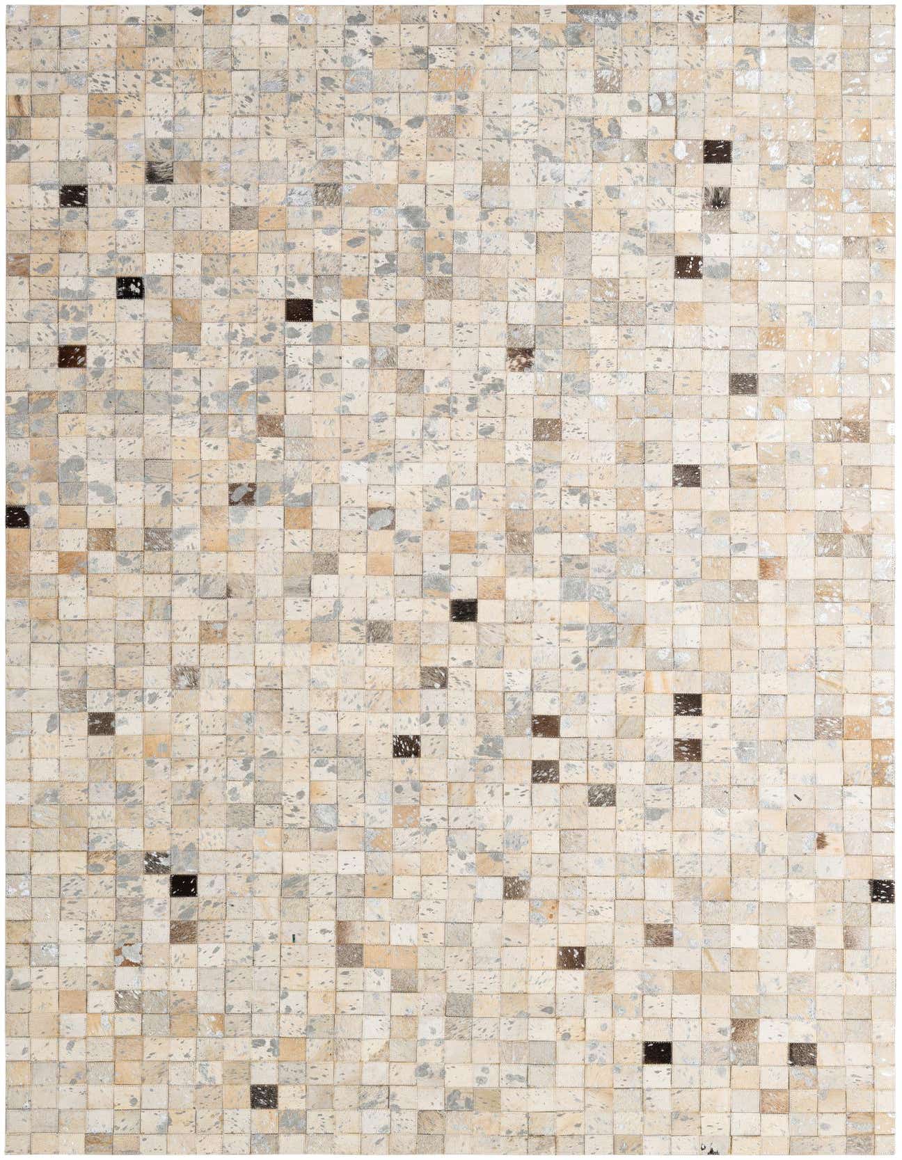 A 5x8 rectangular Cowhide Patchwork rug featuring a modern design with varied ivory, cream, and light gray squares, some with natural brown spots.