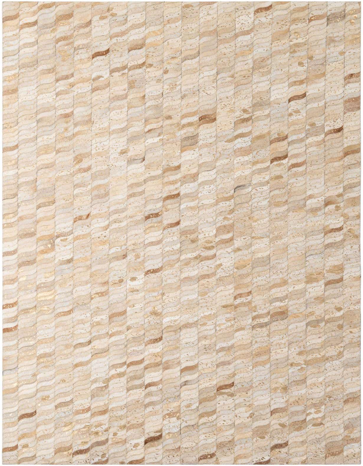 A 5x8 rectangular ivory cowhide rug with a modern stripe pattern, featuring wavy patches of cream, beige, and light brown.