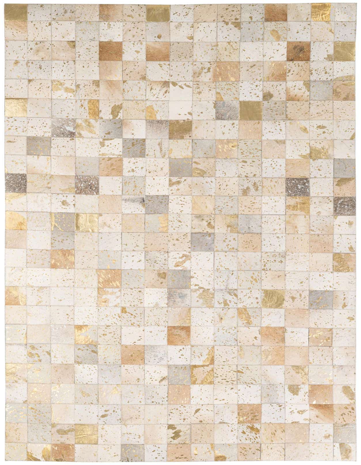 A 5x8 rectangular Cowhide - Patchwork rug featuring a modern design with ivory, cream, and gold speckled squares.