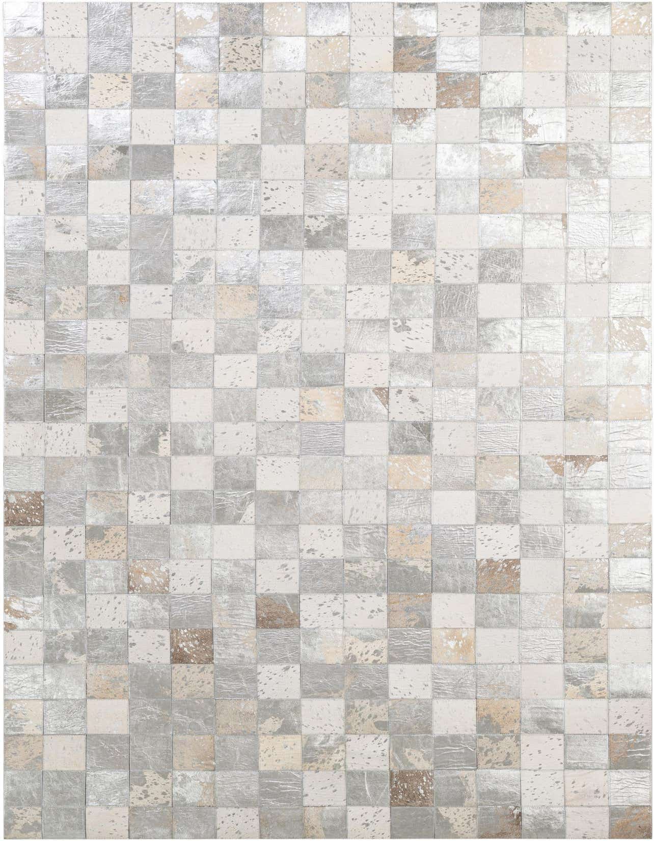 A 5x8 rectangular Cowhide Patchwork rug in shades of ivory, cream, and silver, featuring a modern checkered pattern.