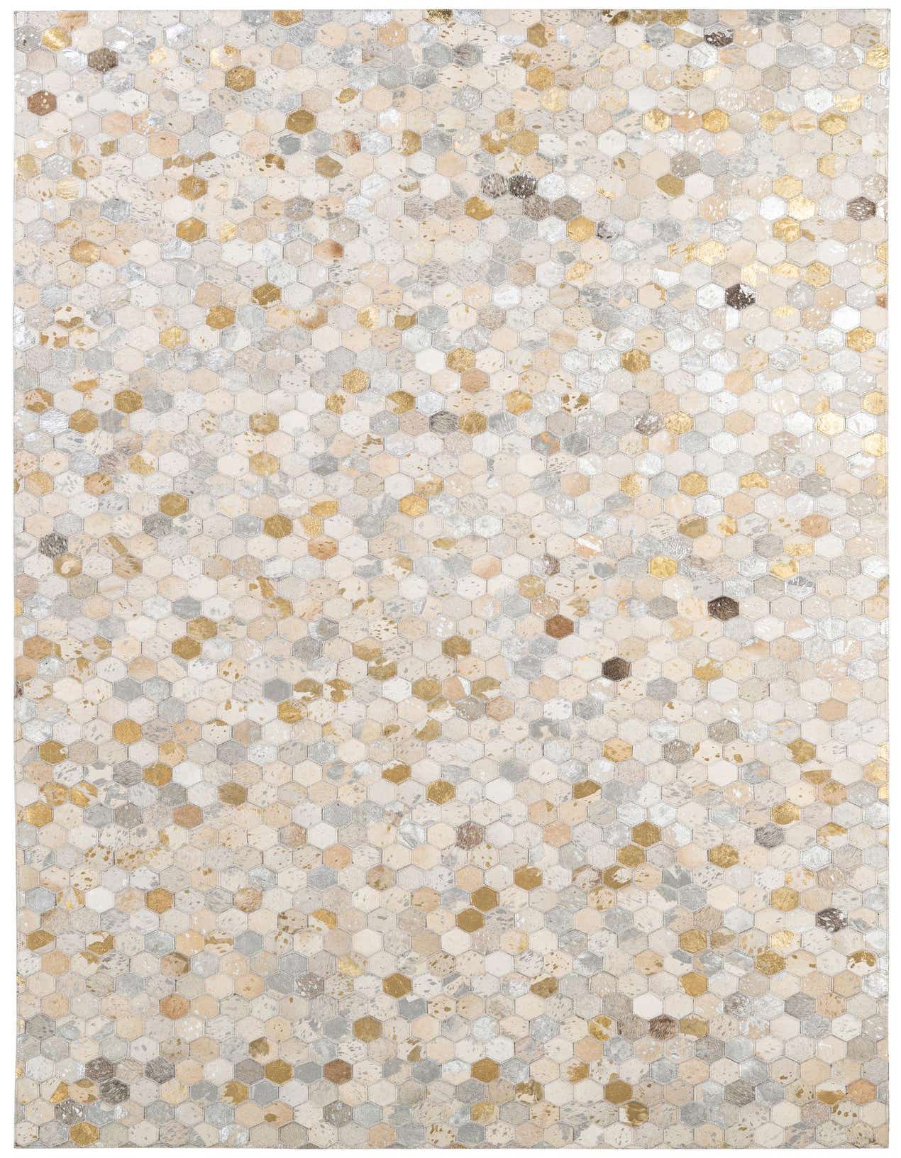 A 5x8 rectangular Cowhide - Patchwork rug featuring a modern honeycomb pattern in ivories, creams, gold, and silver tones.