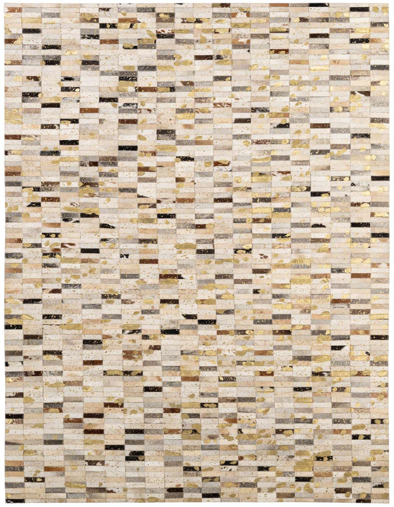 A rectangular 5x8 modern patchwork cowhide rug with ivory, cream, brown, black, and metallic gold rectangular patches.