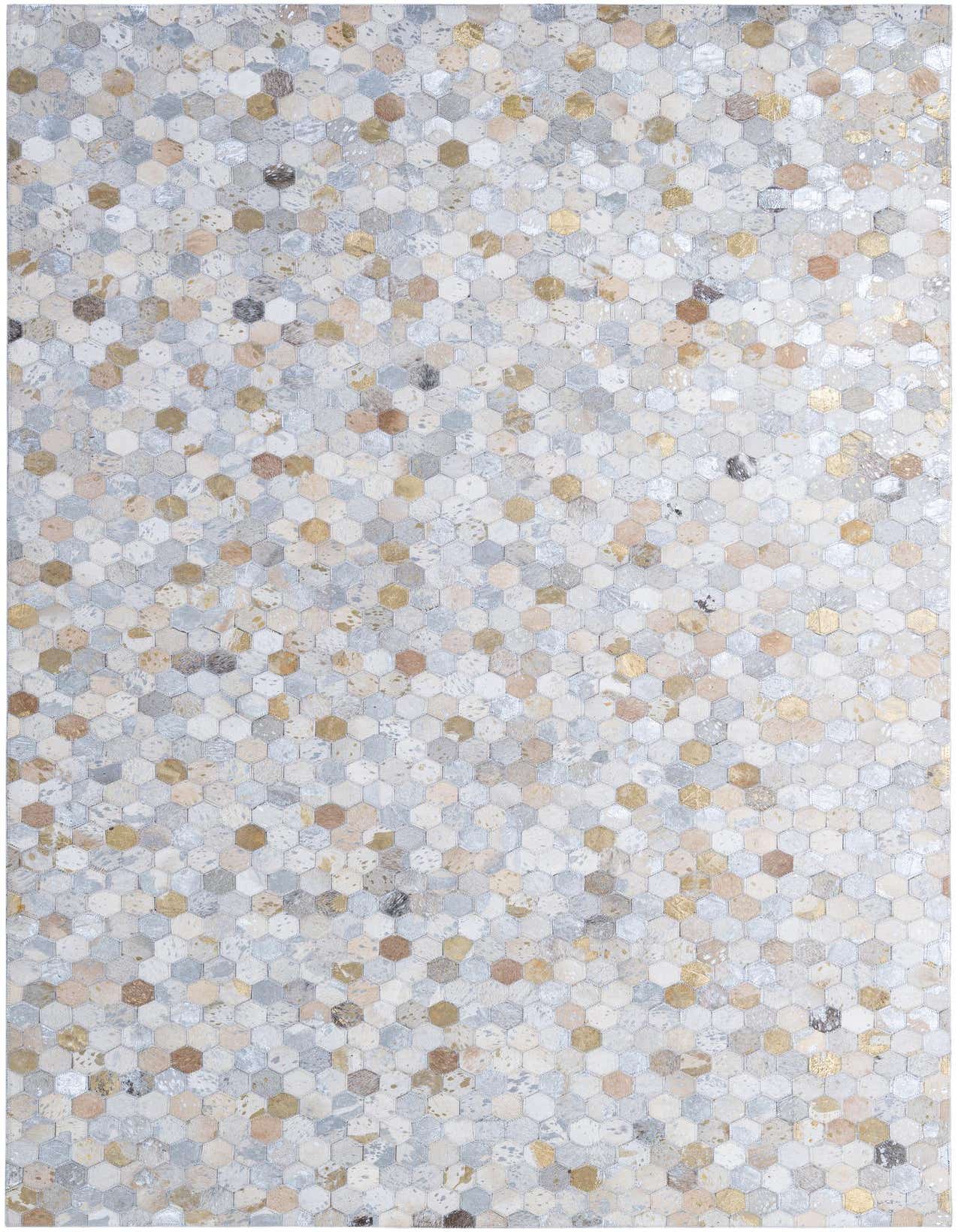 A 5x8 rectangular Cowhide Patchwork rug featuring a modern hexagonal pattern in ivories, creams, and metallic gold tones.