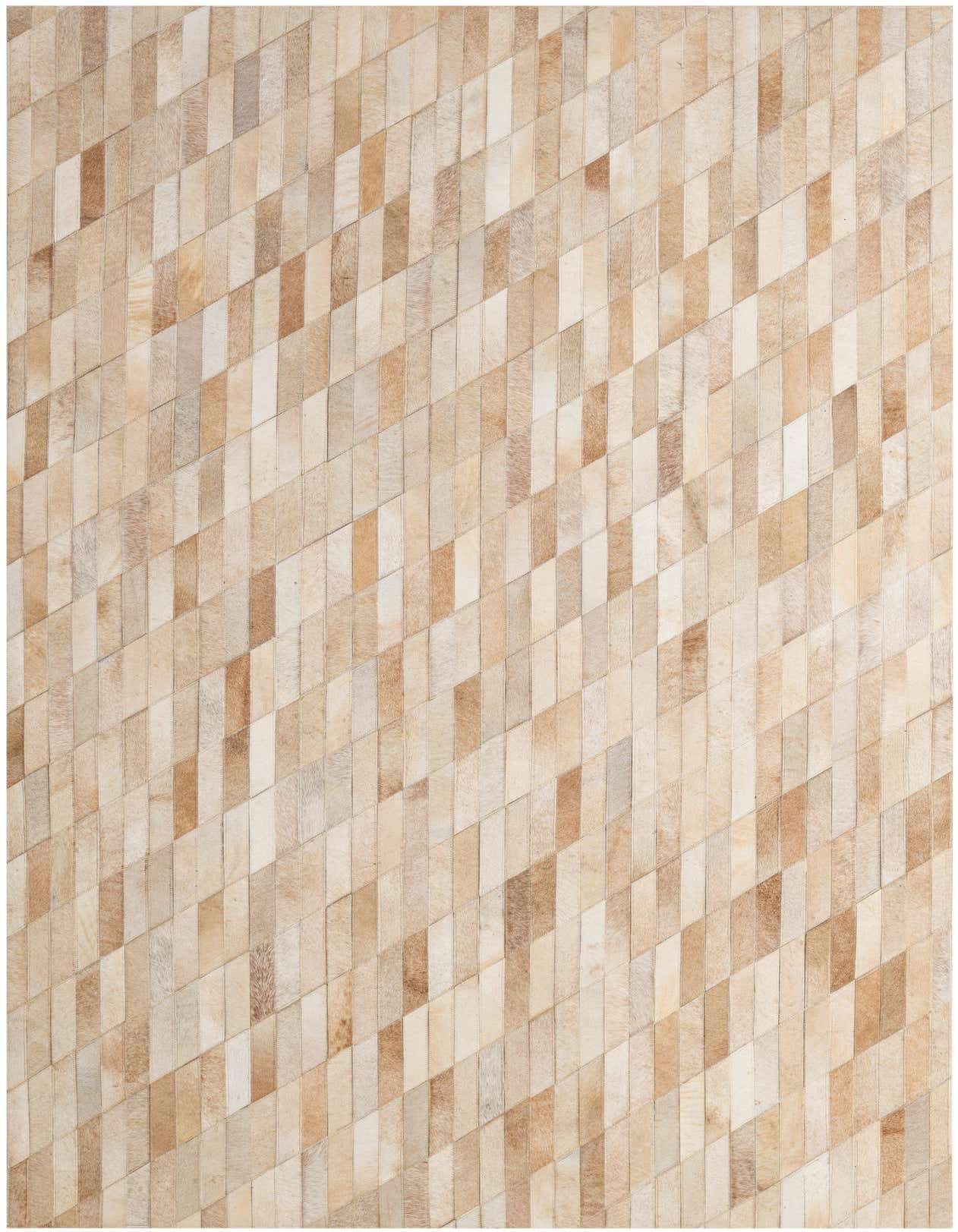 A 5x8 rectangular ivory cowhide rug with a modern patchwork stripe pattern, suitable for a living room.