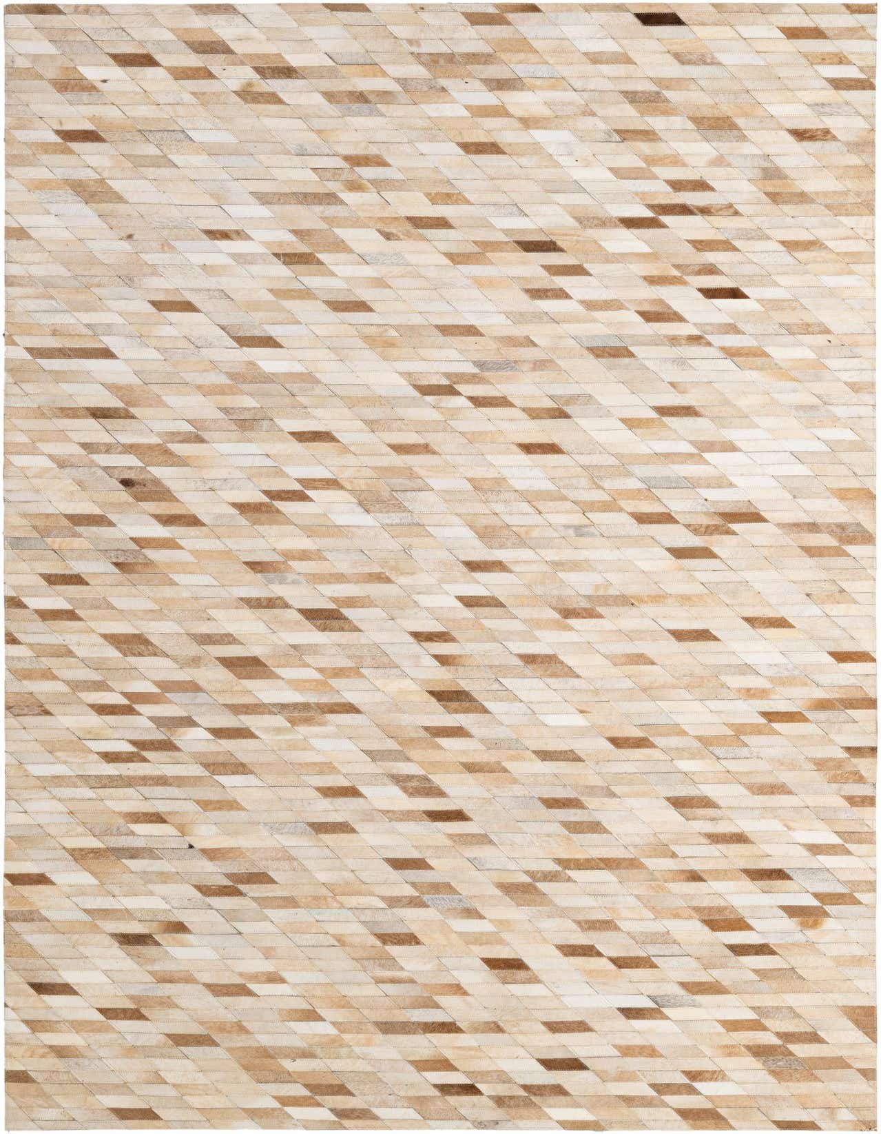 A 5x8 rectangular Cowhide Patchwork rug featuring a modern geometric pattern of ivory, cream, and light brown diamond-shaped patches.