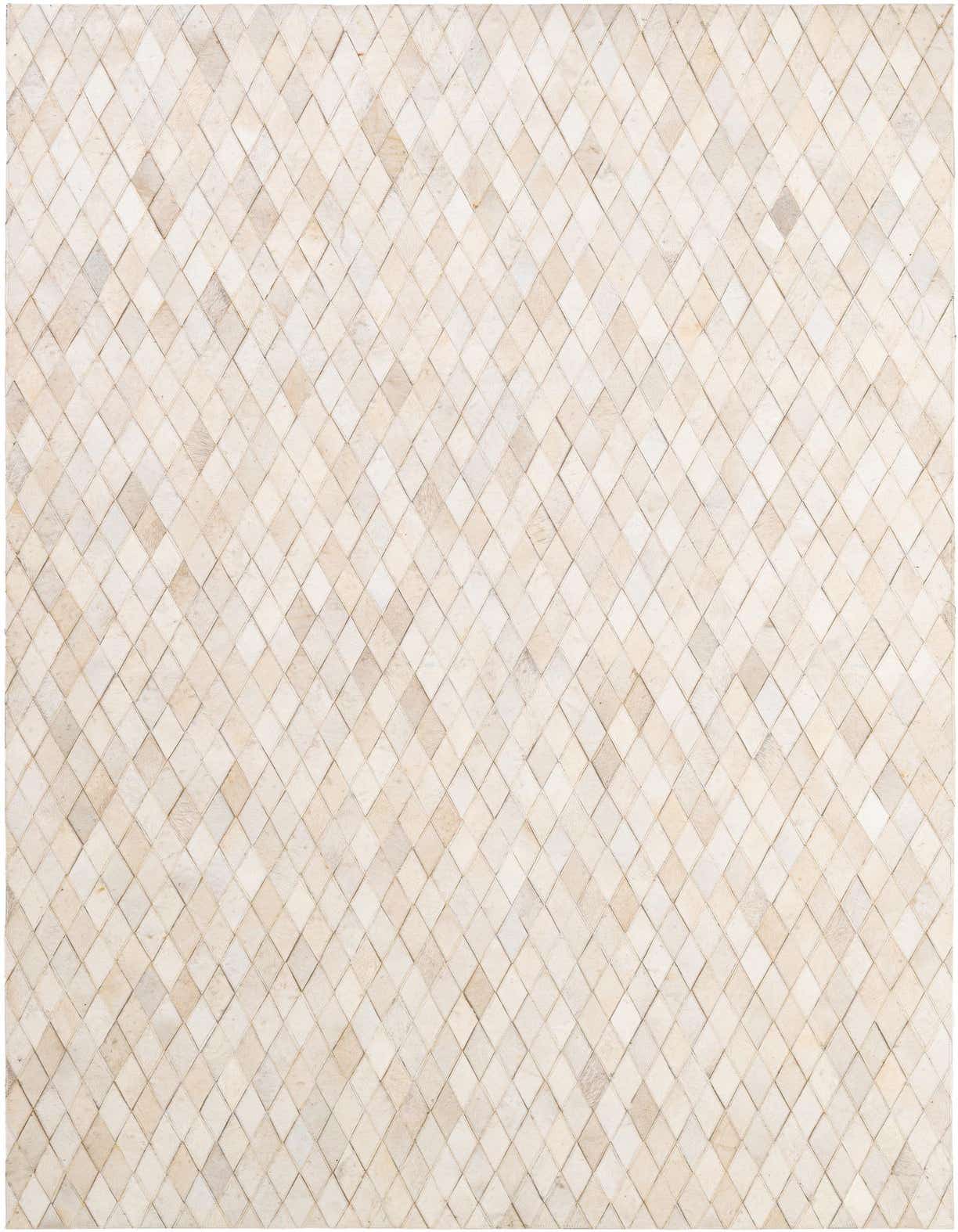 A 5x8 rectangular ivory and cream cowhide rug featuring a modern patchwork diamond pattern.