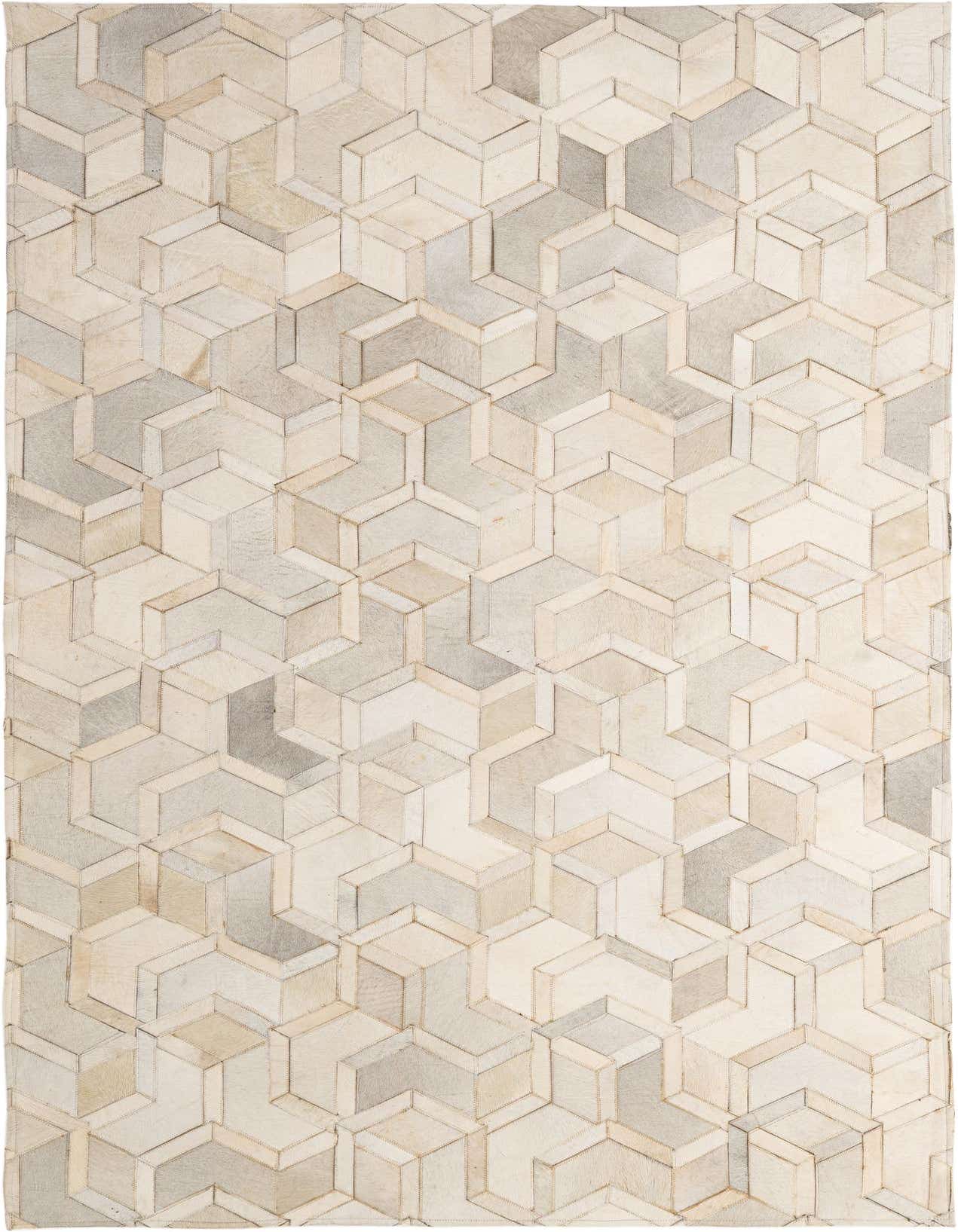 A 5x8 rectangular ivory and cream cowhide rug with a modern geometric patchwork pattern, featuring a medium pile.