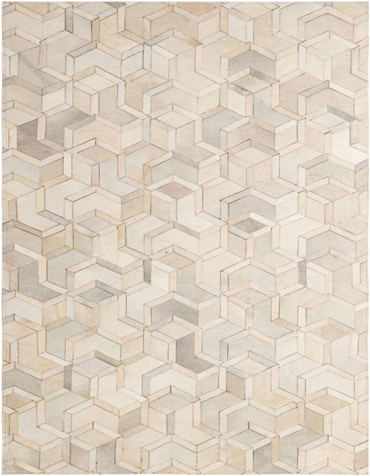 A 5x8 rectangular Cowhide - Patchwork rug featuring a modern geometric pattern in ivories and creams, perfect for a living room.