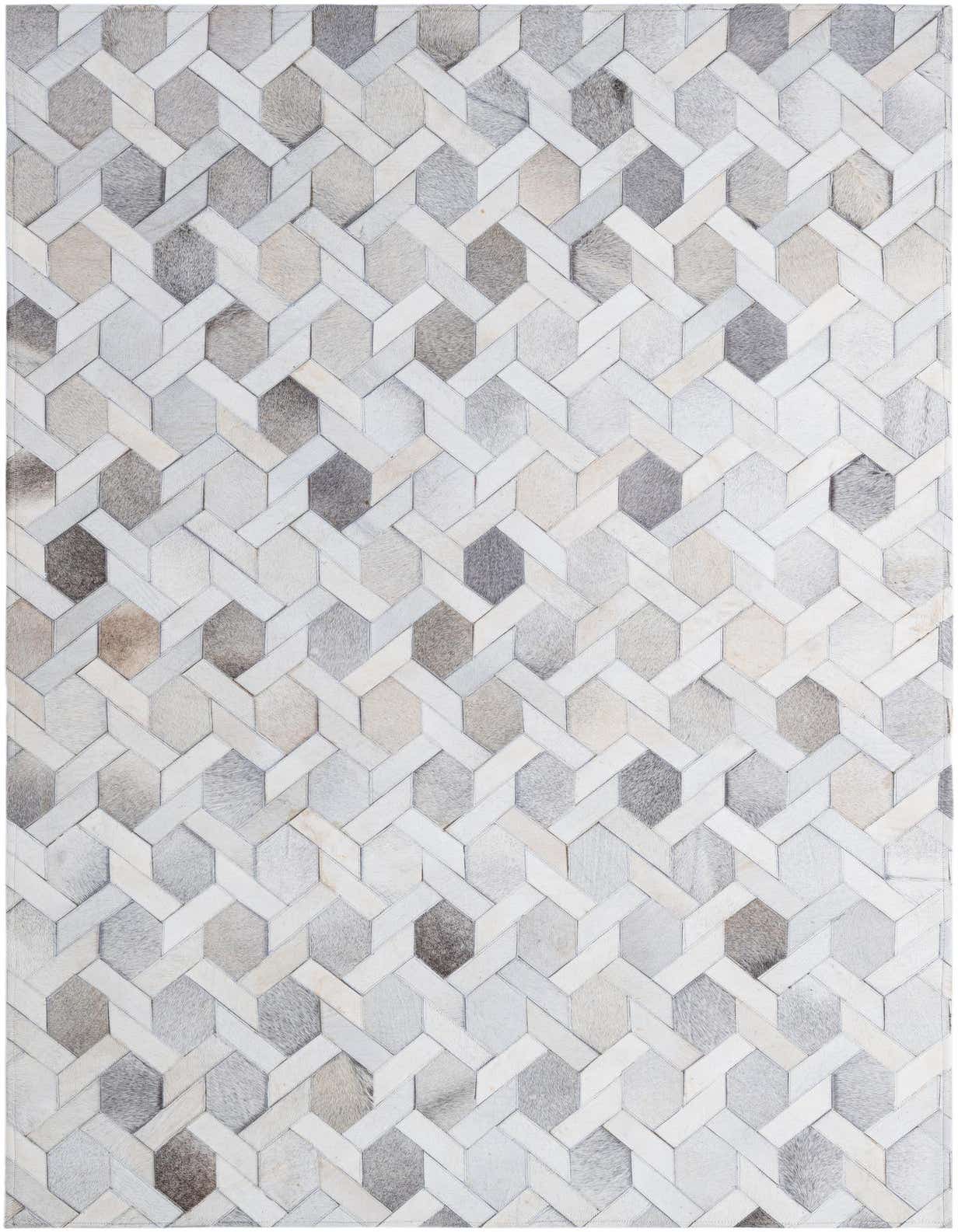 A 5x8 rectangular Cowhide Patchwork rug featuring a modern geometric pattern in various shades of ivory, cream, and light gray.