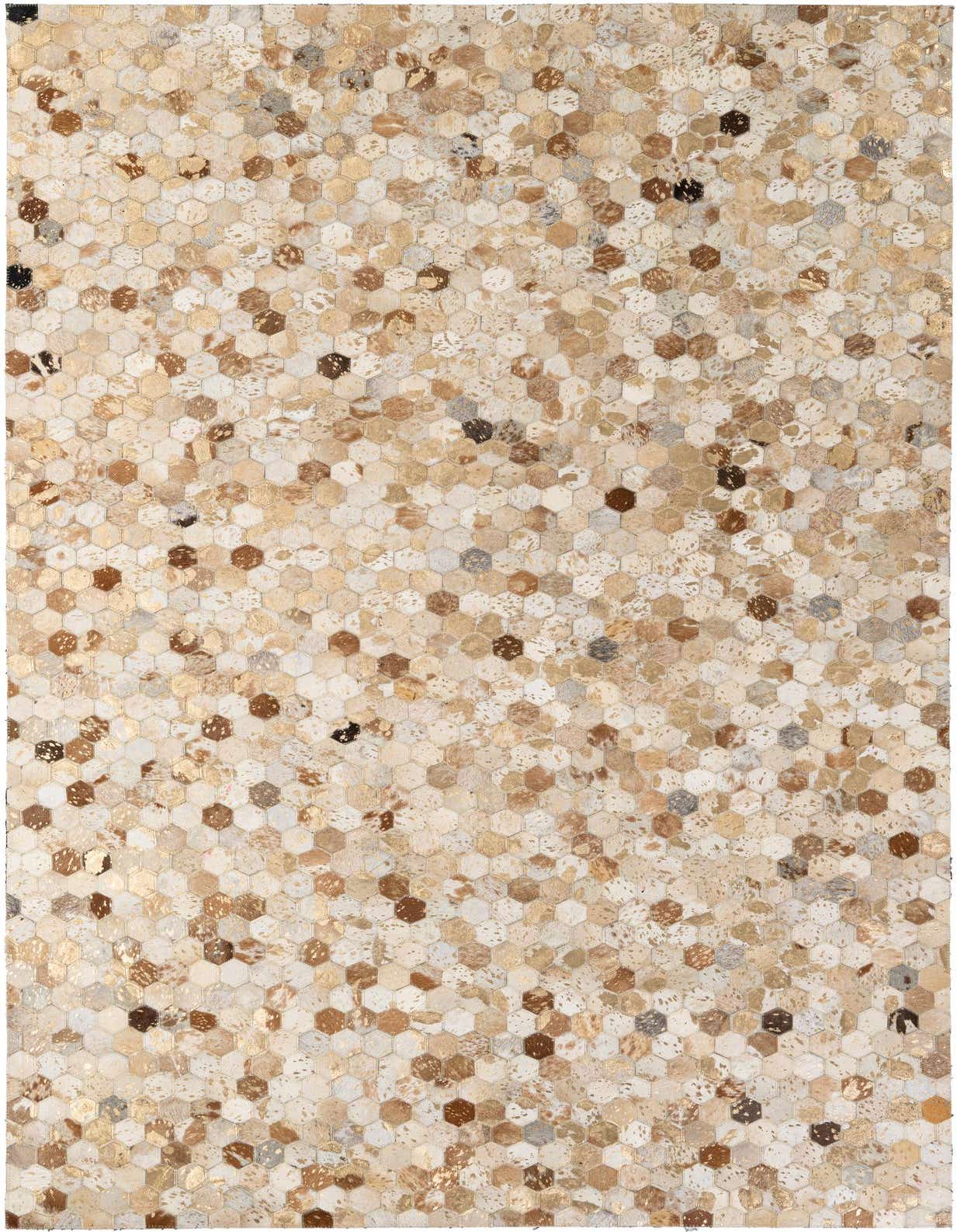 A 5x8 rectangular Cowhide Patchwork rug featuring a modern hexagonal pattern in ivories, creams, and natural browns.