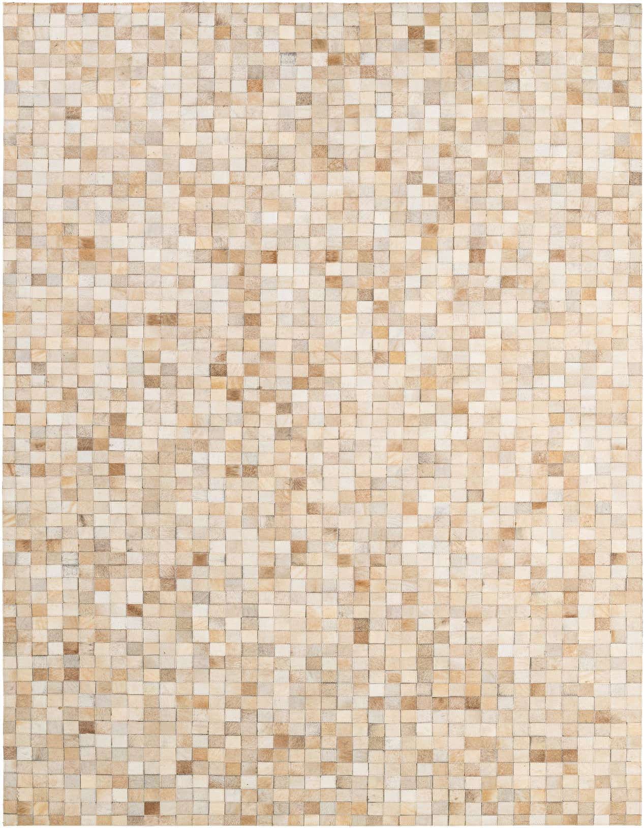 A 5x8 rectangular Cowhide Patchwork rug in varying shades of ivory and cream, featuring a modern square pattern.