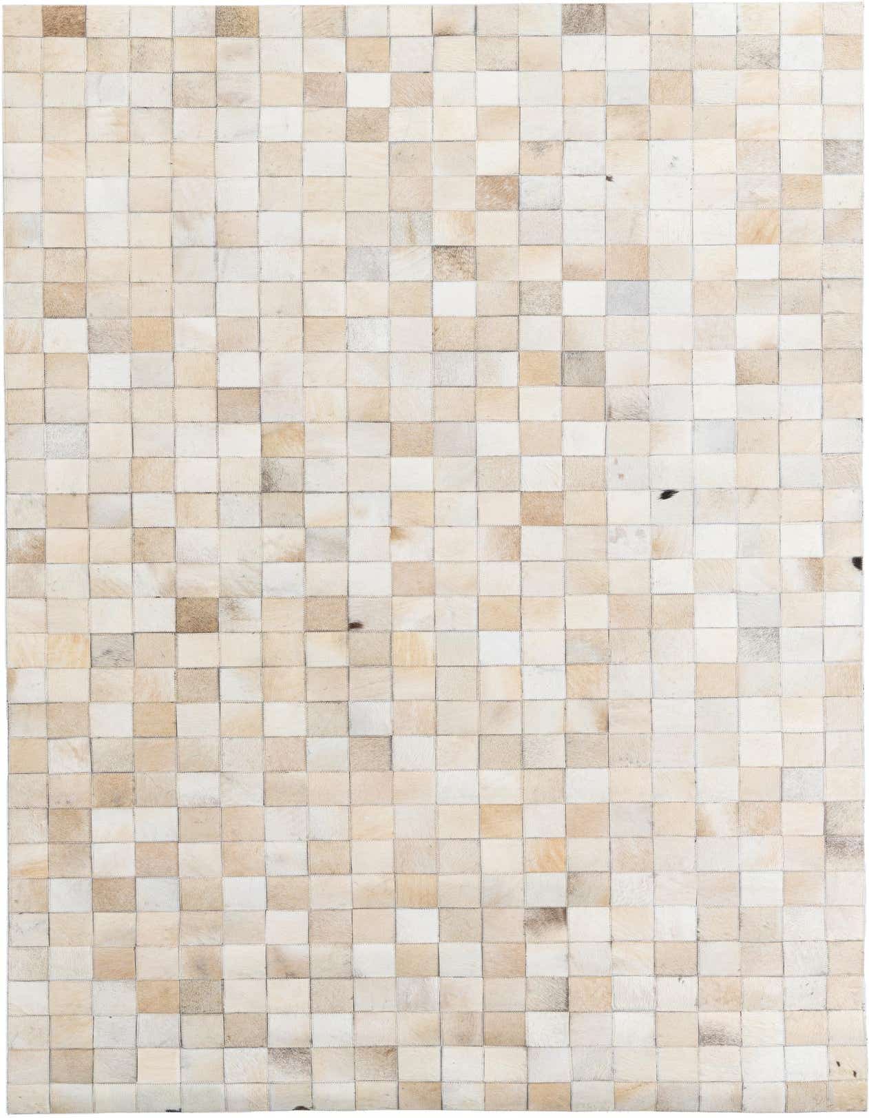 A 5x8 rectangular Cowhide Leather rug featuring a modern, abstract pattern of ivory and cream squares.
