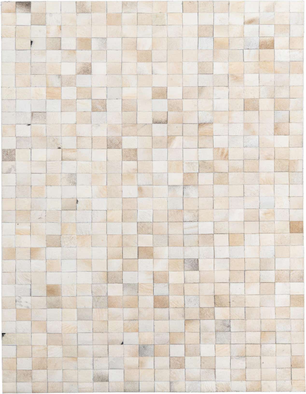 A 5x8 rectangular Cowhide Leather rug featuring a modern patchwork design in varying shades of ivory and cream.