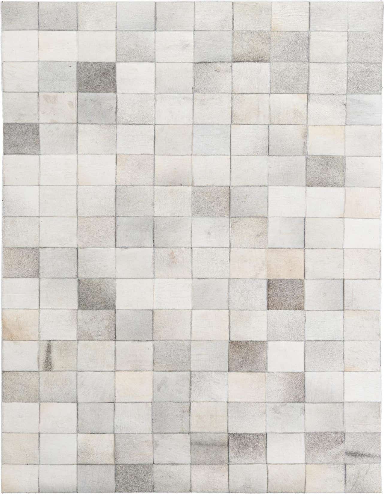 A 5x8 rectangular Cowhide Leather rug featuring a modern, abstract patchwork pattern in varying shades of ivory and cream.