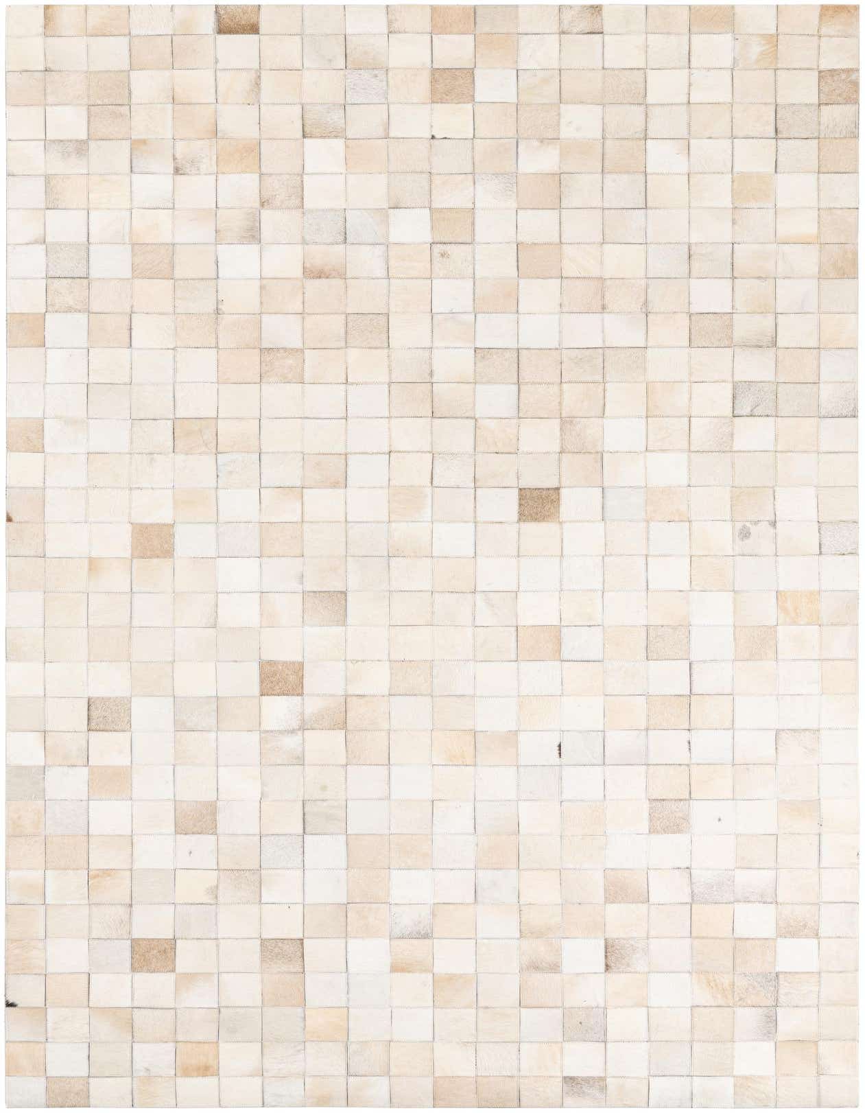 A 5x8 rectangular Cowhide Leather rug from Rugs.com, featuring a modern patchwork of ivory and cream squares, perfect for a living room.