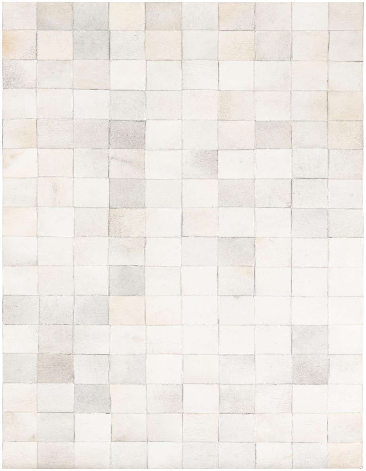5x8 rectangular Cowhide Leather rug featuring a modern patchwork of ivory and cream squares.