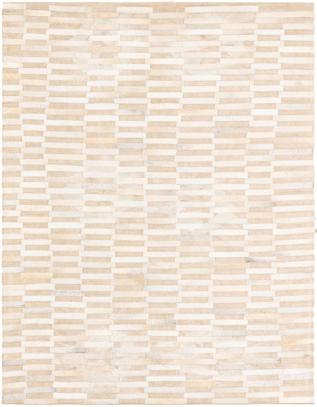 A 4x6 rectangular ivory and cream modern rug made from cowhide and leather, featuring a horizontal stripe pattern.