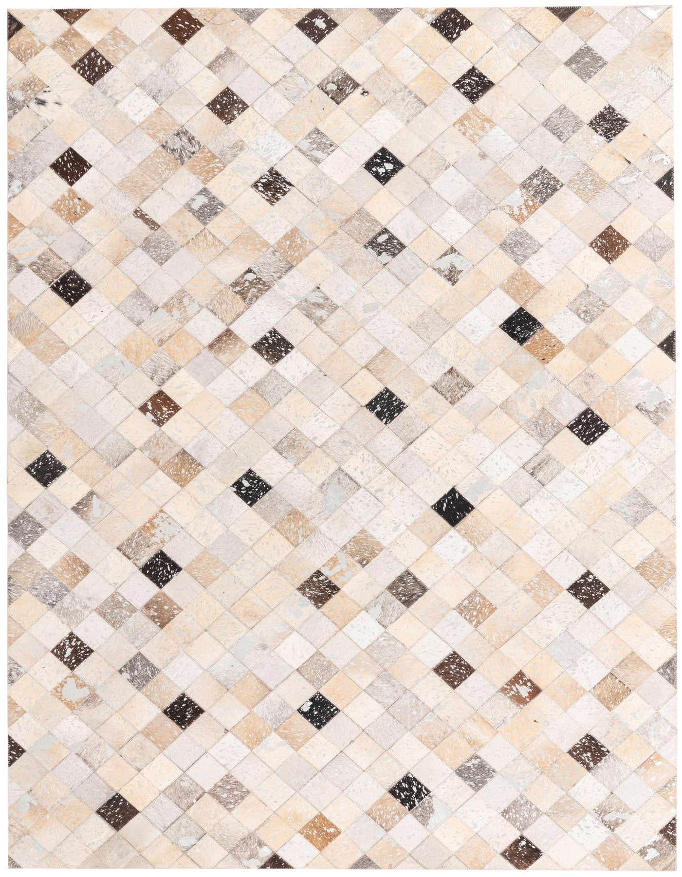 A 5x8 rectangular Cowhide rug featuring a modern patchwork pattern of ivory, cream, beige, and dark brown diamond-shaped patches.