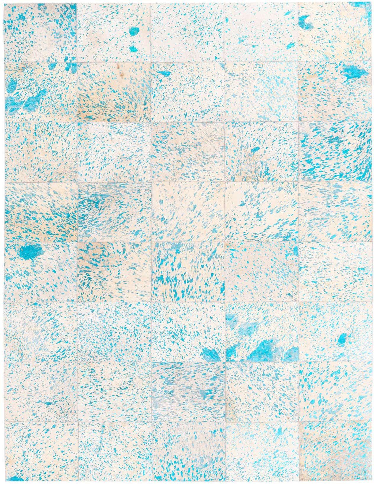 5x8 rectangular Cowhide rug with a modern ivory and cream base splattered with vibrant blue spots, suitable for a living room.