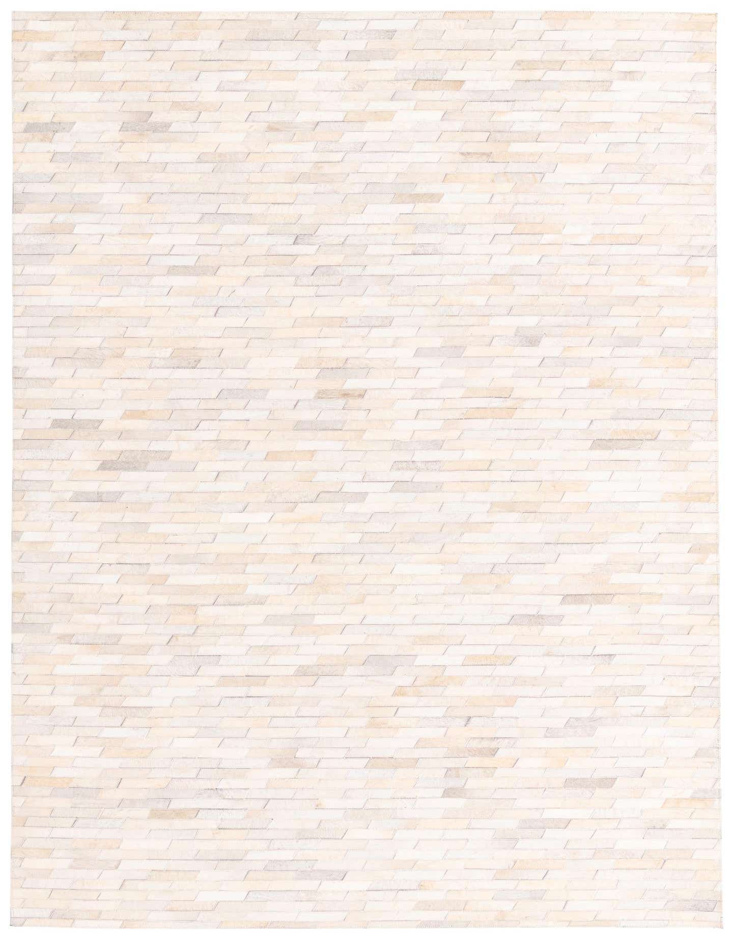 A 5x8 rectangular ivory and cream modern cowhide rug with a flat pile, featuring a subtle geometric pattern of varied light-toned leather pieces.