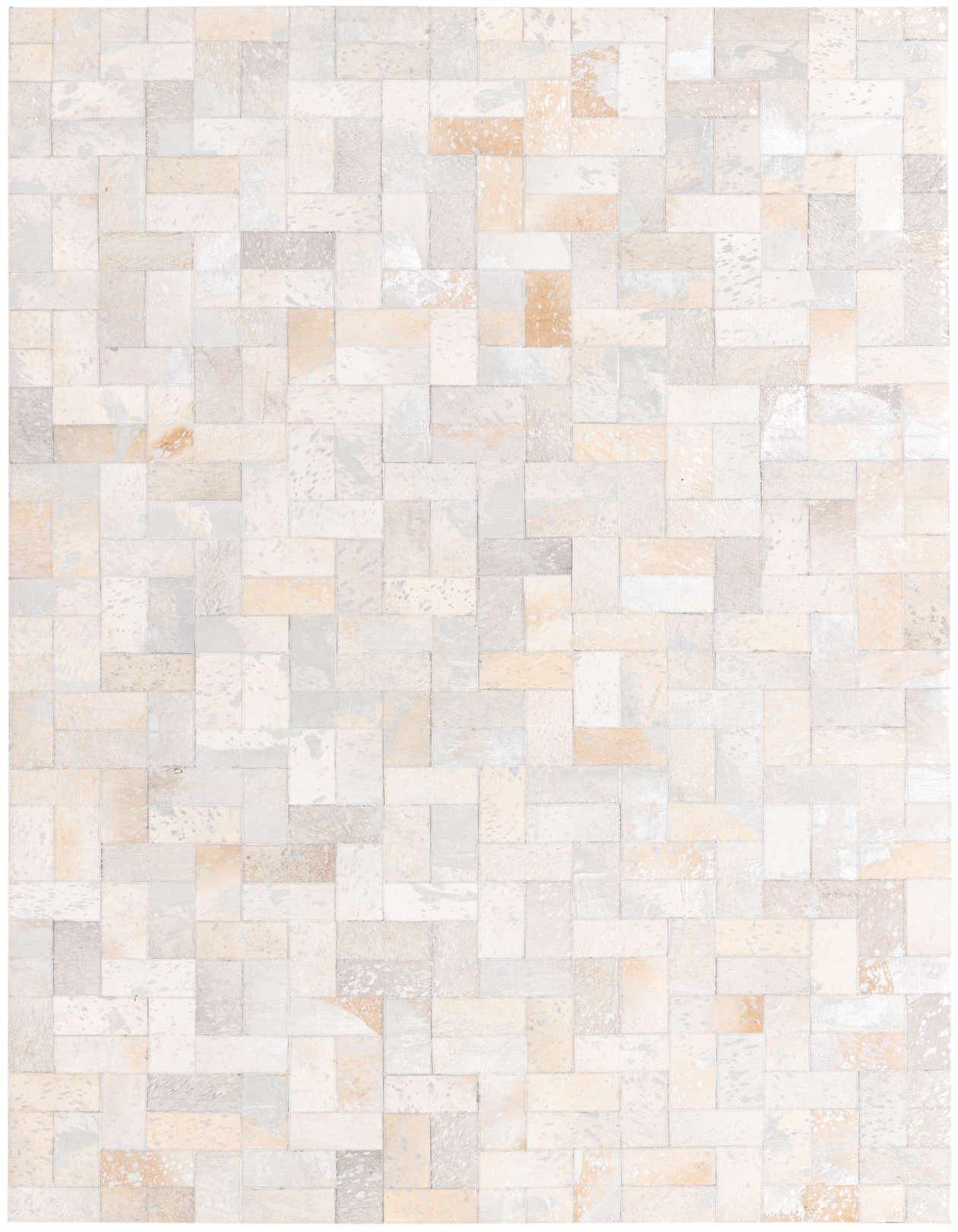 A 5x8 rectangular Cowhide rug in a modern patchwork pattern, featuring varying shades of ivory and cream.