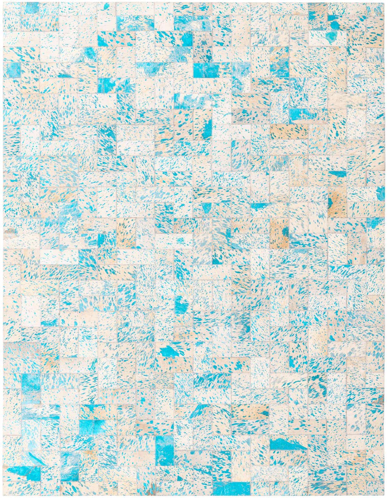 A 5x8 rectangular Cowhide rug featuring a modern patchwork design with ivory and cream squares, splattered with vibrant blue accents.