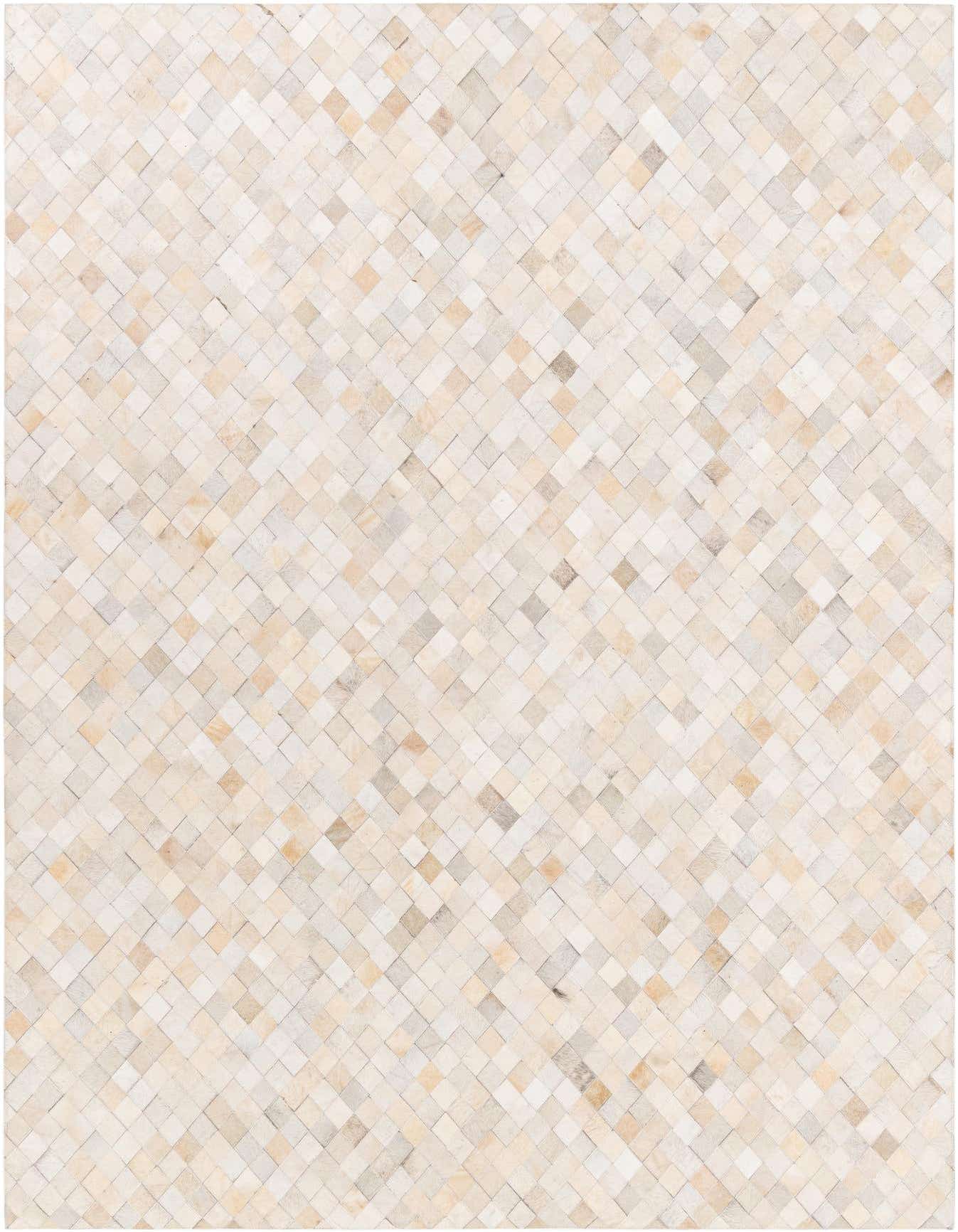 A 6x9 rectangular Cowhide Stocks rug featuring a modern diamond pattern in varying shades of ivory and cream.