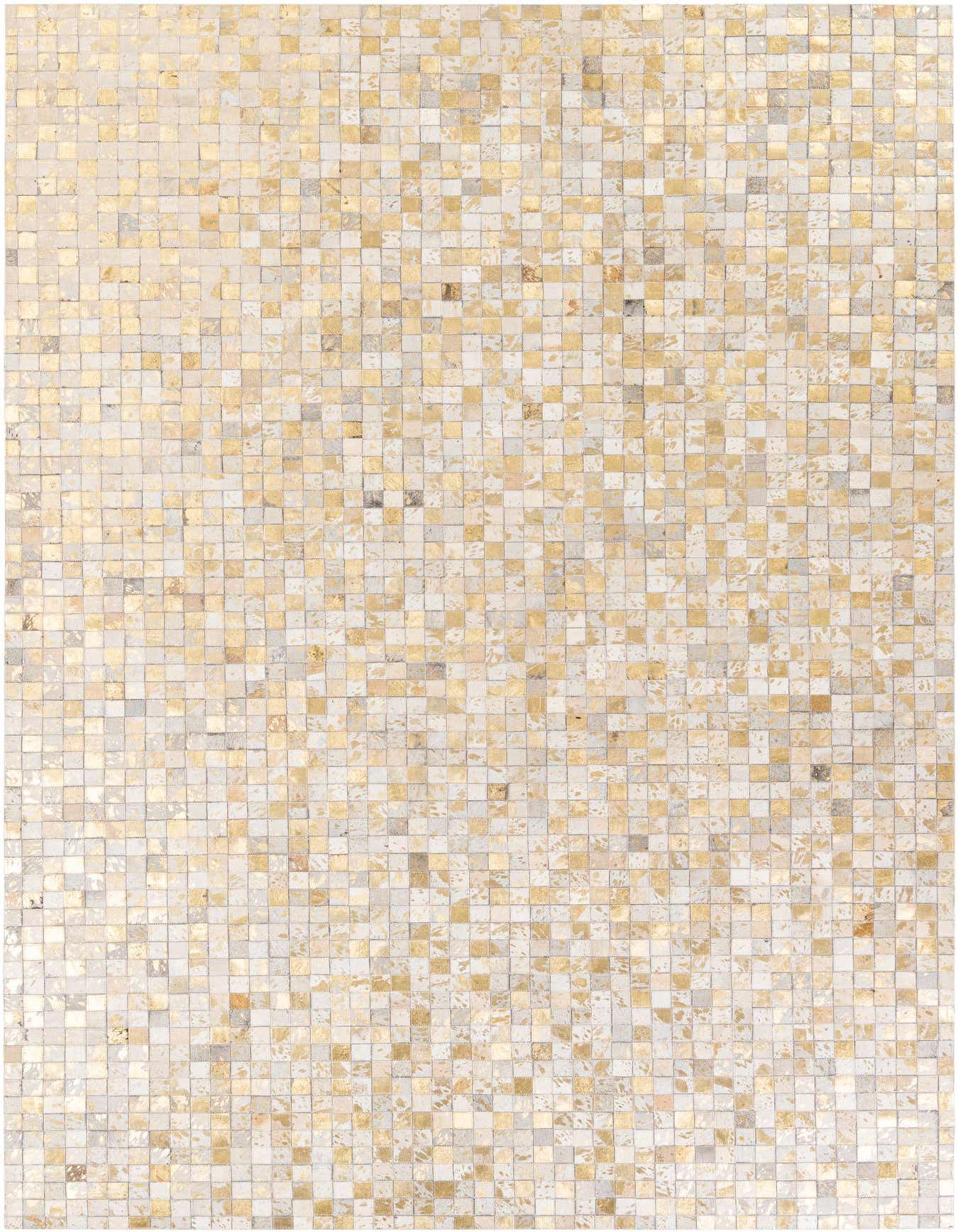 A 6x9 rectangular modern cowhide rug in ivory and cream with a subtle gold speckled pattern, suitable for a living room.