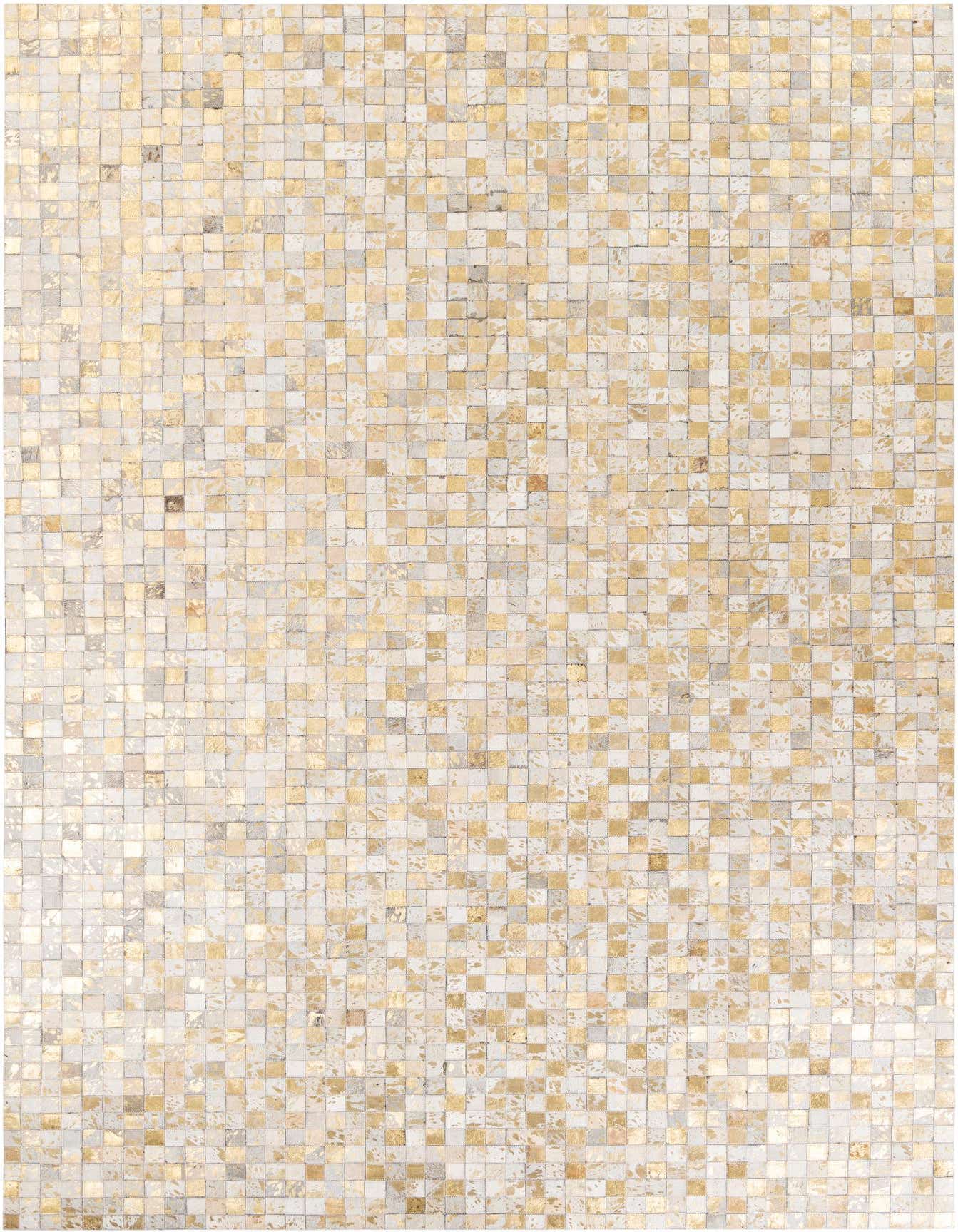 A 6x9 rectangular modern rug made from ivory and cream cowhide and leather, featuring a mosaic-like pattern of small squares with metallic gold accents, suitable for a living room.