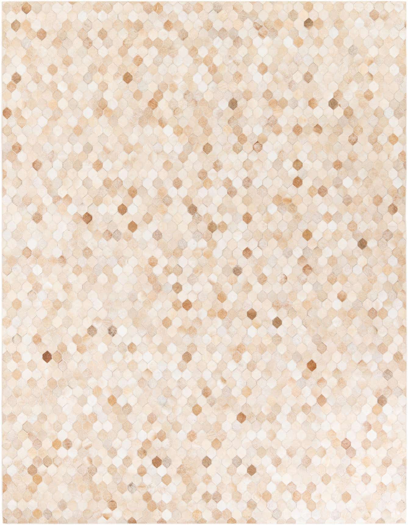A 7x10 rectangular Cowhide Stocks rug from Rugs.com, featuring a modern mosaic pattern of ivory, cream, and light brown cowhide pieces.