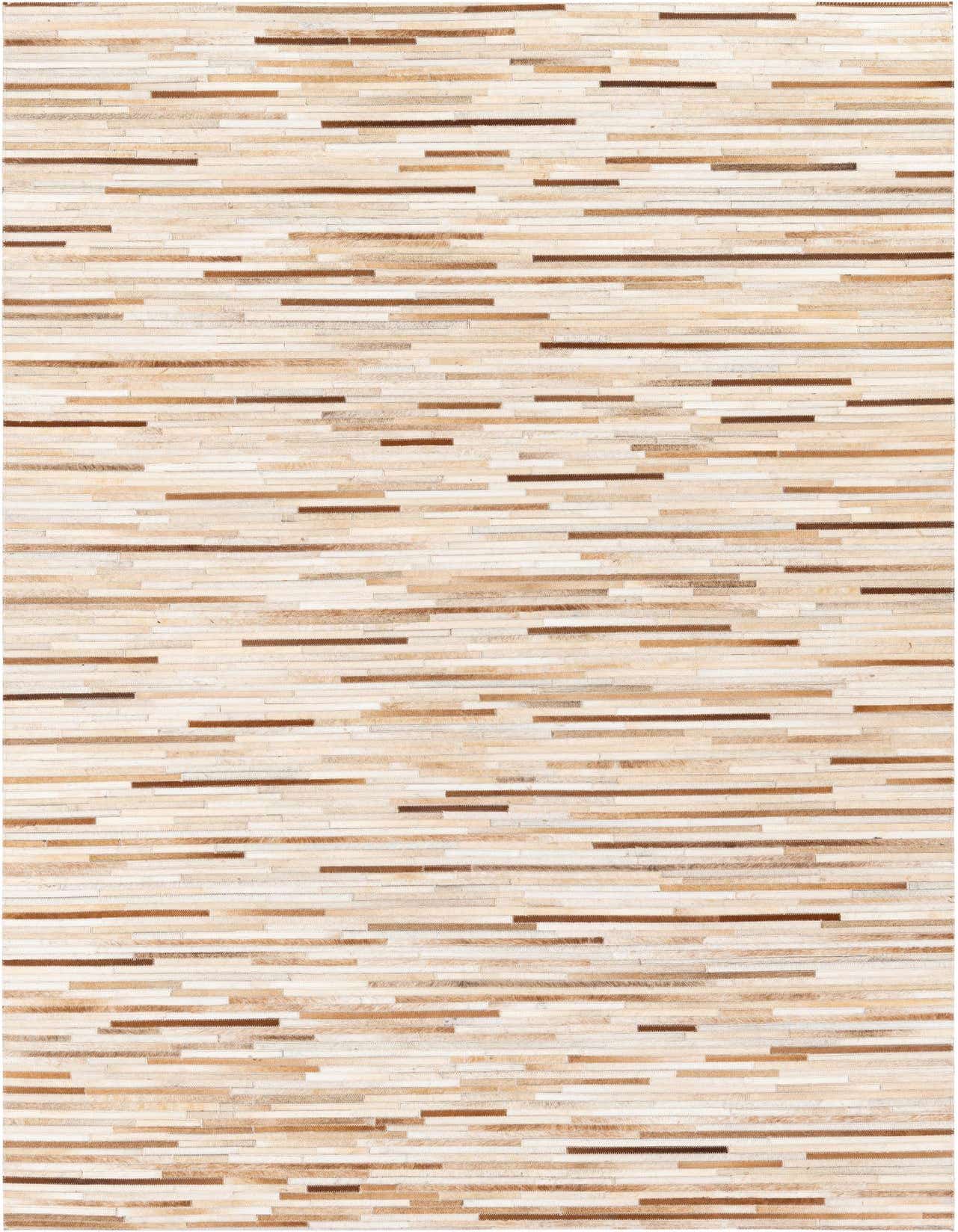 A 5x8 rectangular Cowhide Stocks rug in ivory and cream with a modern stripe pattern, suitable for a living room.