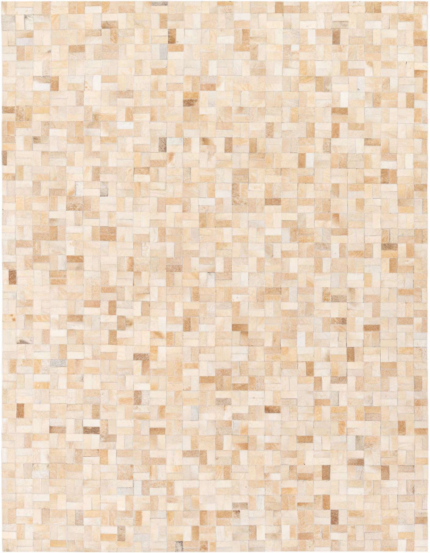 A rectangular 5x8 modern Cowhide Stocks rug in varying shades of ivory and cream, perfect for a living room.