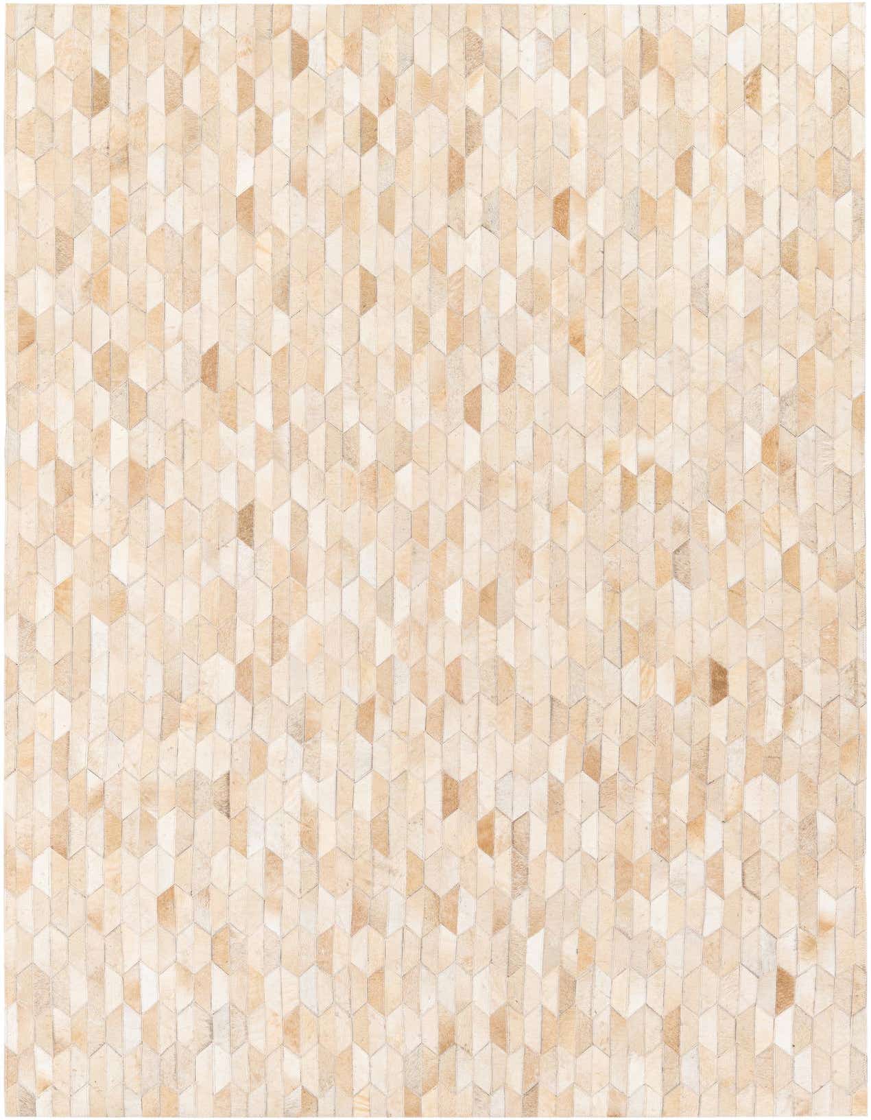 A 5x8 rectangular ivory cowhide rug with a modern geometric pattern of varying cream and beige tones.