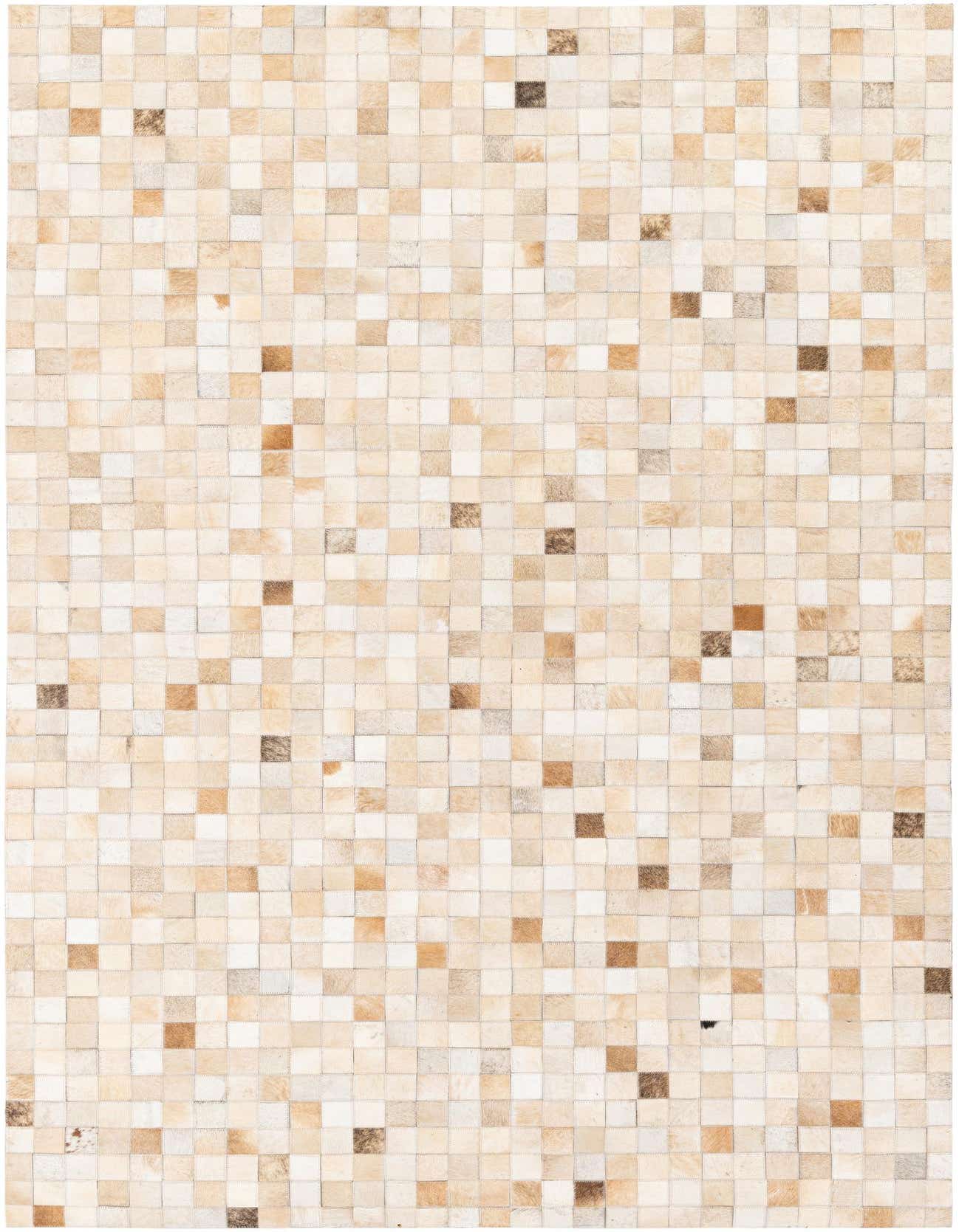 A 5x8 rectangular Cowhide Stocks rug by Rugs.com, featuring a modern patchwork of ivory and cream cowhide squares, perfect for a living room.