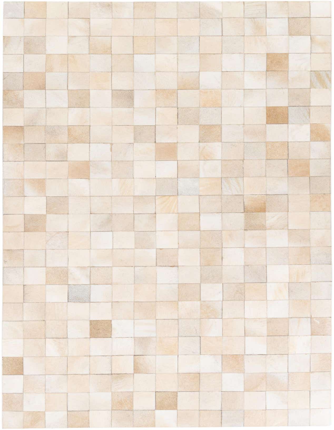 A 5x8 rectangular Cowhide Stocks rug from Rugs.com, featuring a modern patchwork of ivory and cream cowhide squares.