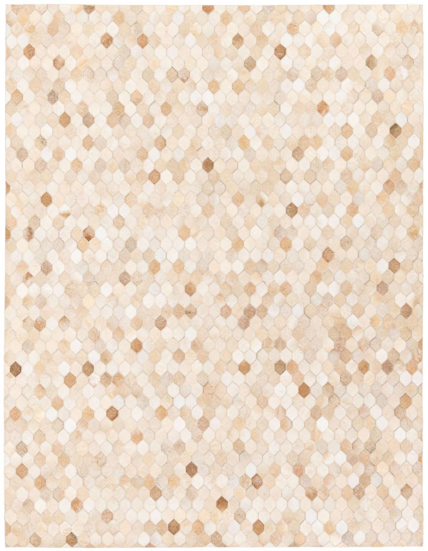 A 5x8 rectangular Cowhide Stocks rug featuring a modern geometric pattern of ivory, cream, and light brown hexagonal patches.