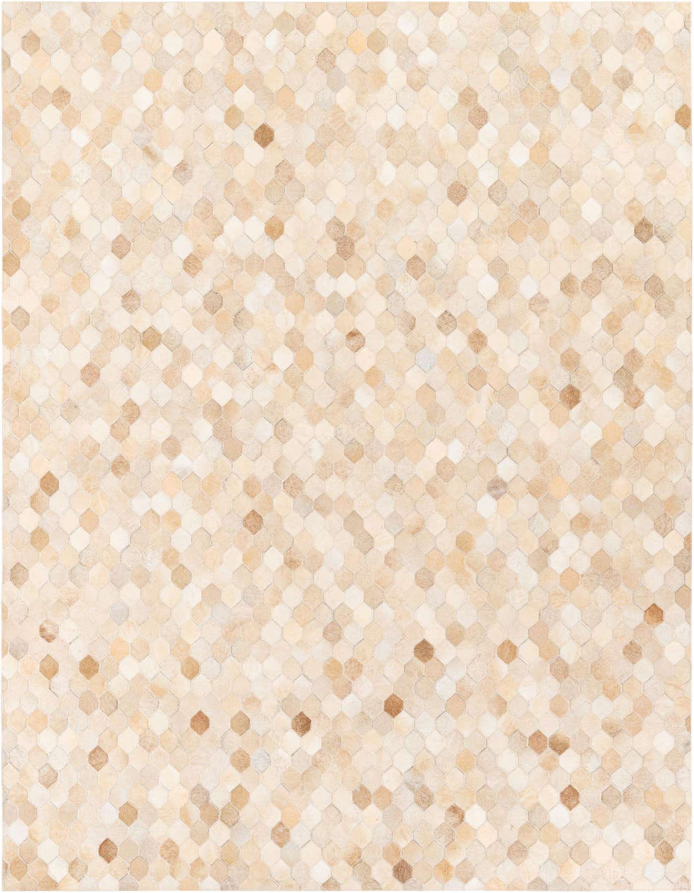 A rectangular 5x8 modern cowhide rug in varying shades of ivory and cream, featuring a subtle geometric pattern of small, interlocking hexagons.