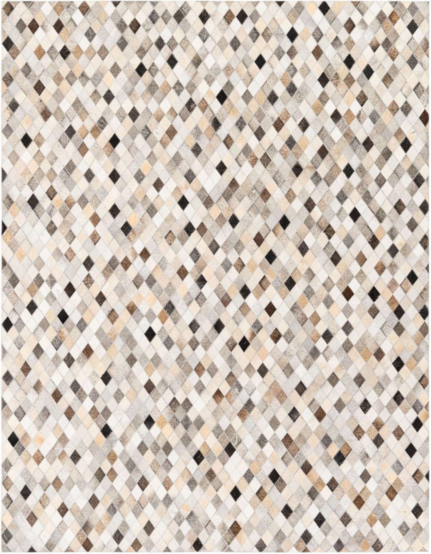 A 5x8 rectangular Cowhide Stocks rug featuring a modern diamond pattern in various shades of ivory, cream, beige, and brown.