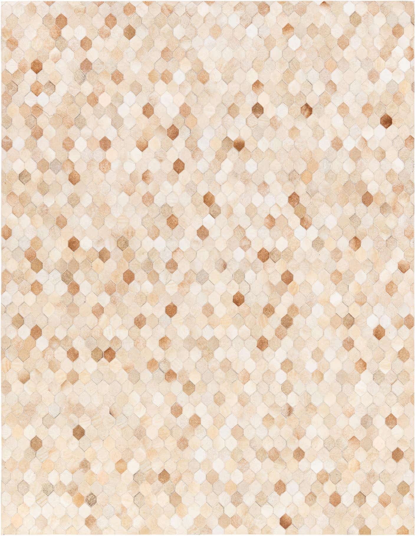 A 5x8 rectangular Cowhide Stocks rug from Rugs.com, featuring a modern geometric pattern of ivory, cream, and tan hexagonal cowhide patches.