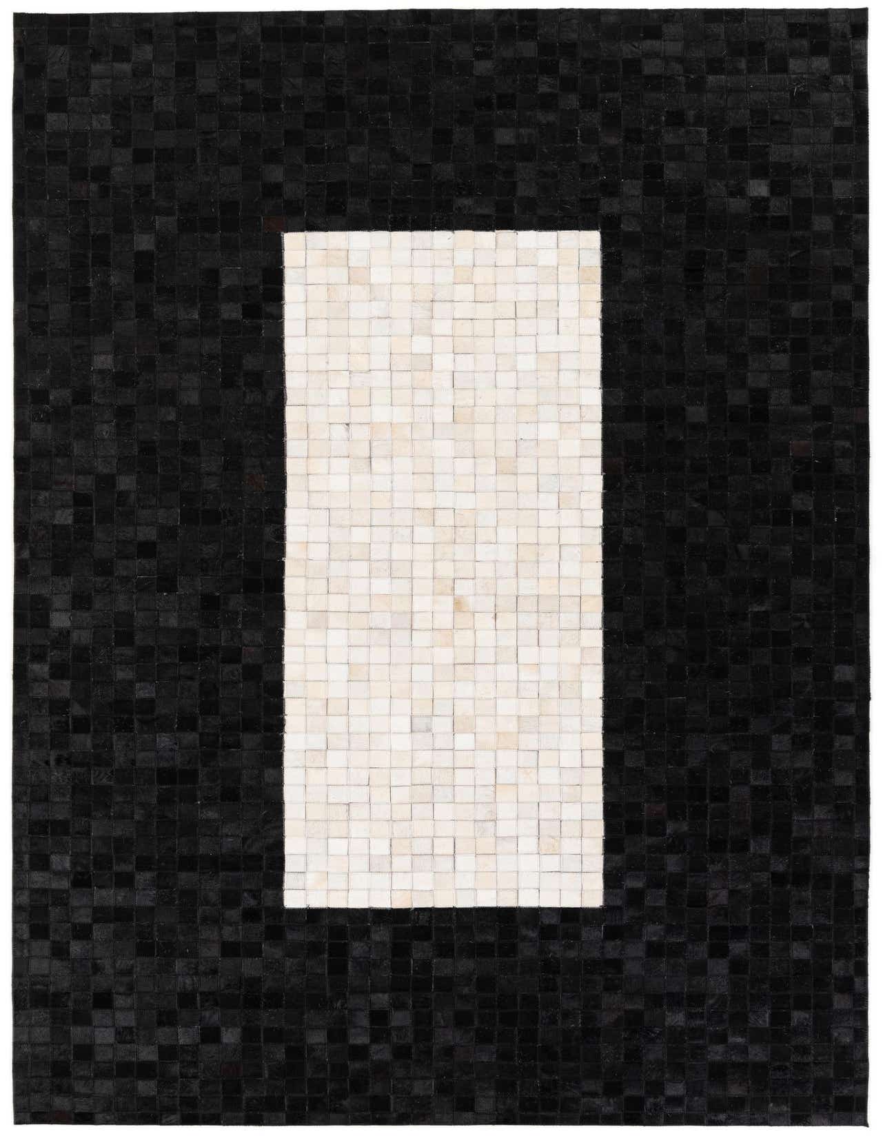A 5x8 rectangular modern rug featuring a large ivory rectangle centered on a black background, made from small cowhide and leather squares.