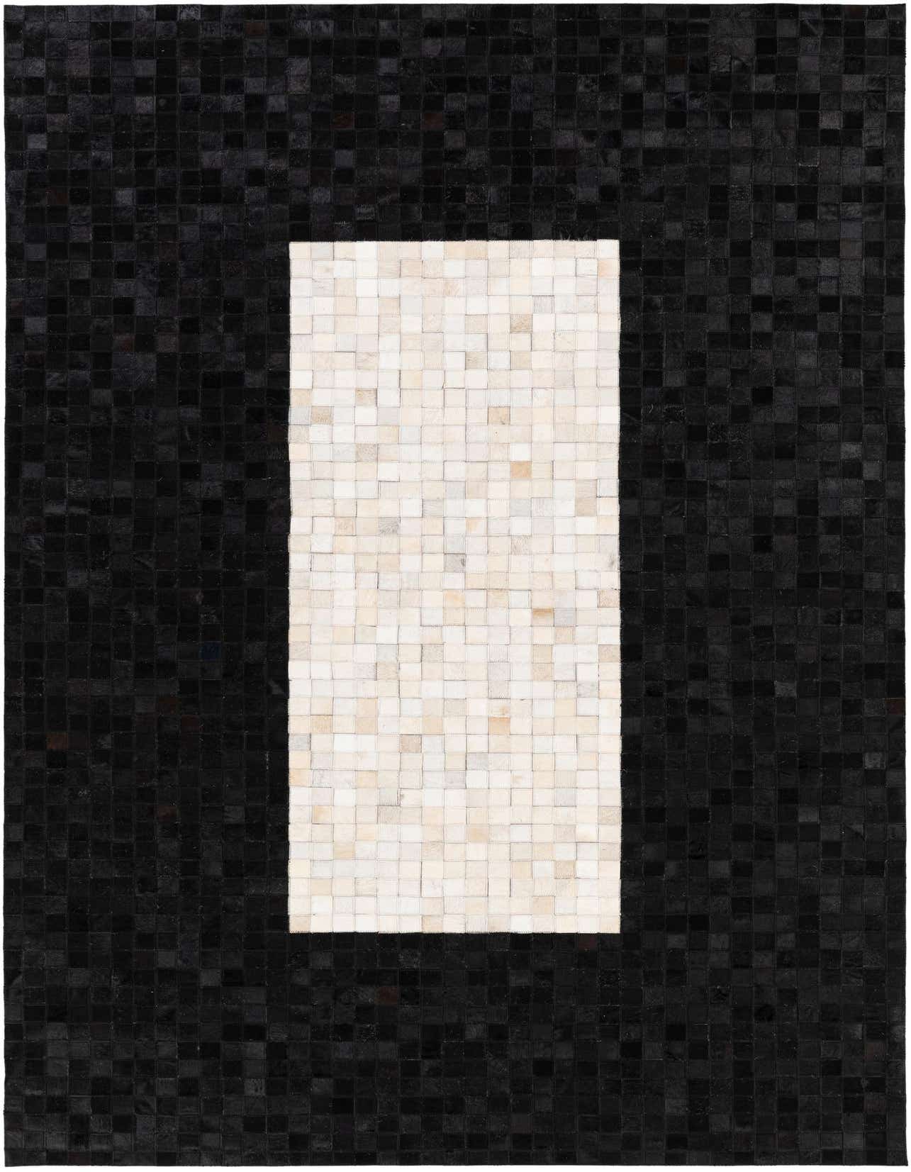 A rectangular 5x8 modern cowhide rug with a black border and a central ivory rectangular block pattern.