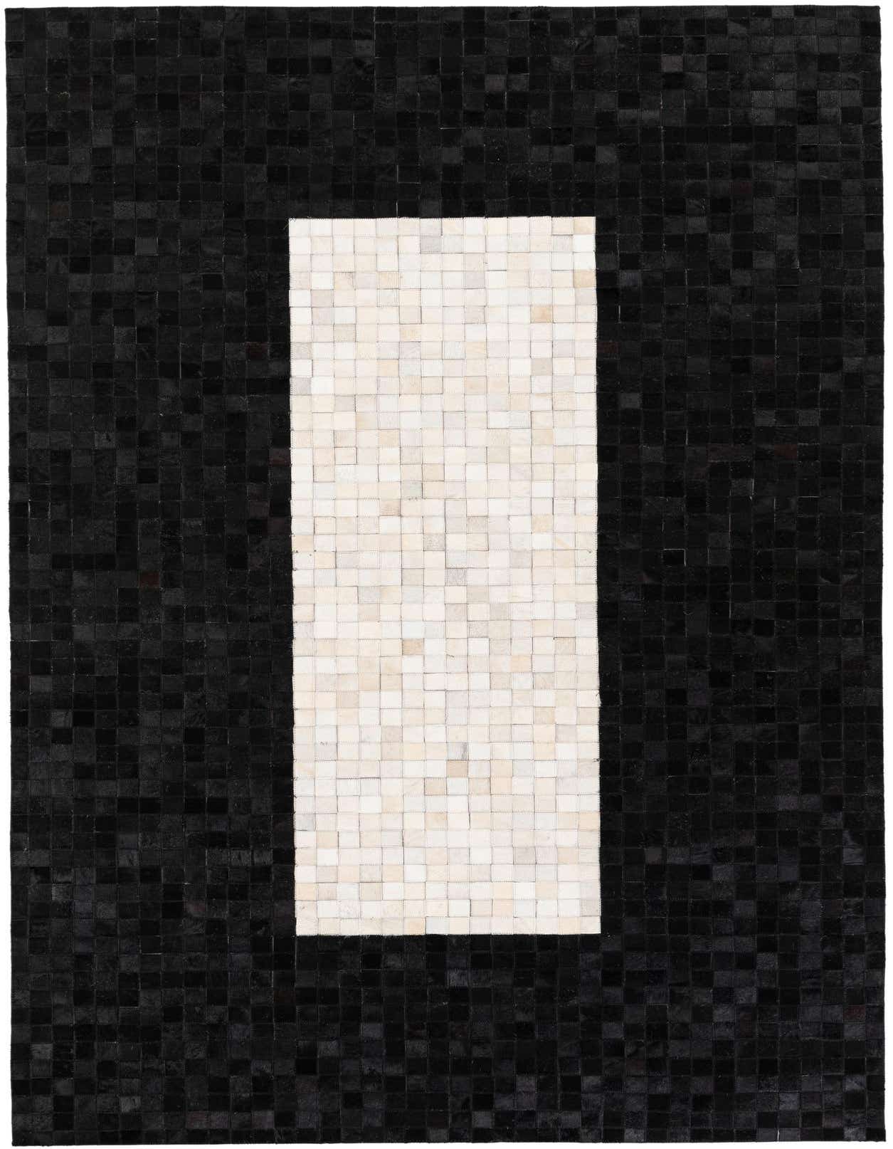 A rectangular 5x8 modern rug with a black cowhide border and a central ivory cowhide rectangle.