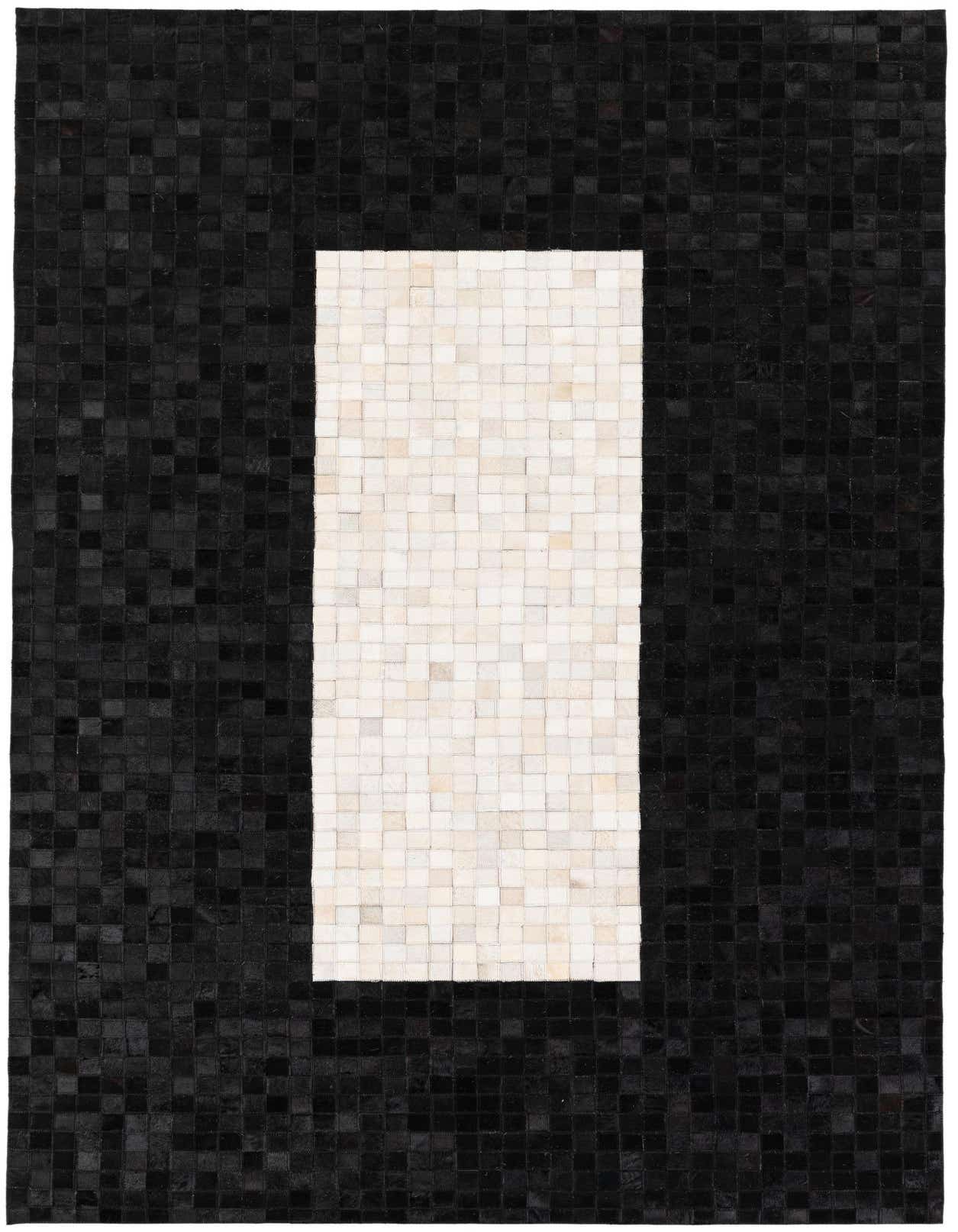 A 5x8 rectangular Cowhide Stocks rug featuring a modern design with a large ivory rectangle centered on a black background.
